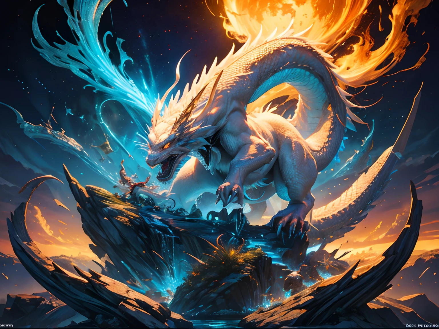 "Very nice 3d rendering of white Chinese dragon，Dynamic representation, finely detailed, masterpiece, Vivid effects and details，Top image quality，A high resolution，plethora of colors,　A bunch of coins, treasure"