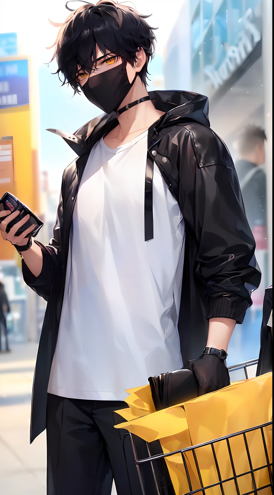 (4K works))、​masterpiece、(top-quality)、In the shopping center、Korean Male、Adult male、((Adult 26 years old))、((Adult older brother))、((Face similar to Hyun Jin))、Cool Men、tall、((Troubled expression))、((Strong eyes))、((Wearing a white T-shirt and a hooded black jacket、White long trousers))、((Autumn clothing style with long sleeve long pants))、((Wear a black mask))、((smaller face))、Slim body、((hooligan))、((Black short-haired))、((Yellow eyes))、((shot from front))、((He while shopping))、((He standing while pushing a cart))、((Shot alone))、((Solo Photography))
