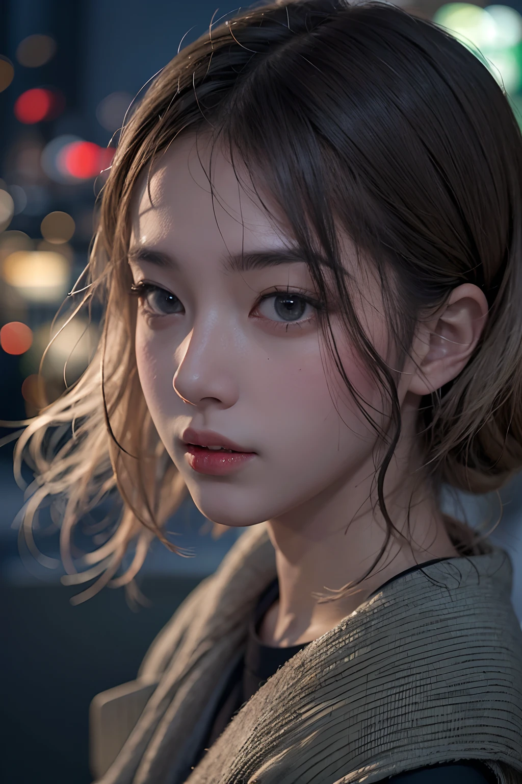 1girl, Tokyo street,night, cityscape,city lights, upper body,close-up, 8k, RAW photo, best quality, masterpiece,realistic, photo-realistic,