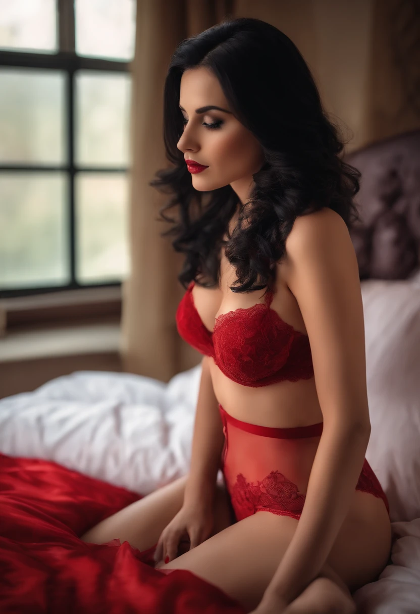 A black haired girl in a red lingerie and stockings on a bed ready to be violeted