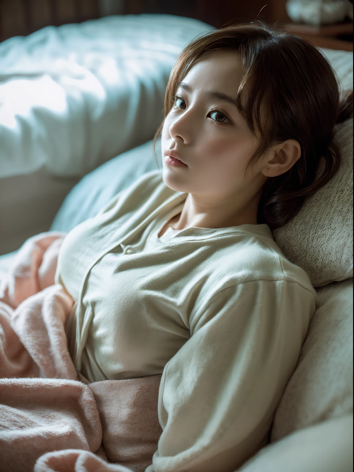(Best Quality,8K,masutepiece:1.2), Ultra-detailed, Realistic, Japan girls with cute faces, Beautiful detailed eyes, expressive and melancholic look, long eyelashes, Wearing a loose T-shirt, Lying face down on a modern bed, Random hairstyle, In a fairytale room, Cinematic lighting, Photorealistic skin, Shot with a Leica camera, Vintage film atmosphere.Cinematic, 35 mm, Photograph--. 虹5 --- s 180