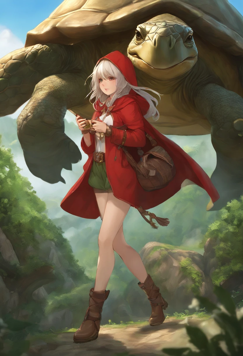 ((Stylish girl standing in front of two giant ancient turtles)) ,((Blowing a wooden whistle))、((Little age girl, Wear a red cloak, Wearing a red hood, Fully round eyelids, White flower hair ornament, Green Bikini, Leather shorts, Belt bag, green colored eyes, Light brown long hair、Wavy Hair, Smaller chest:1.1)) , jrpg character art、(masutepiece, Best Quality, 8K、A detailed face:1.1),Ancient forest at night on background