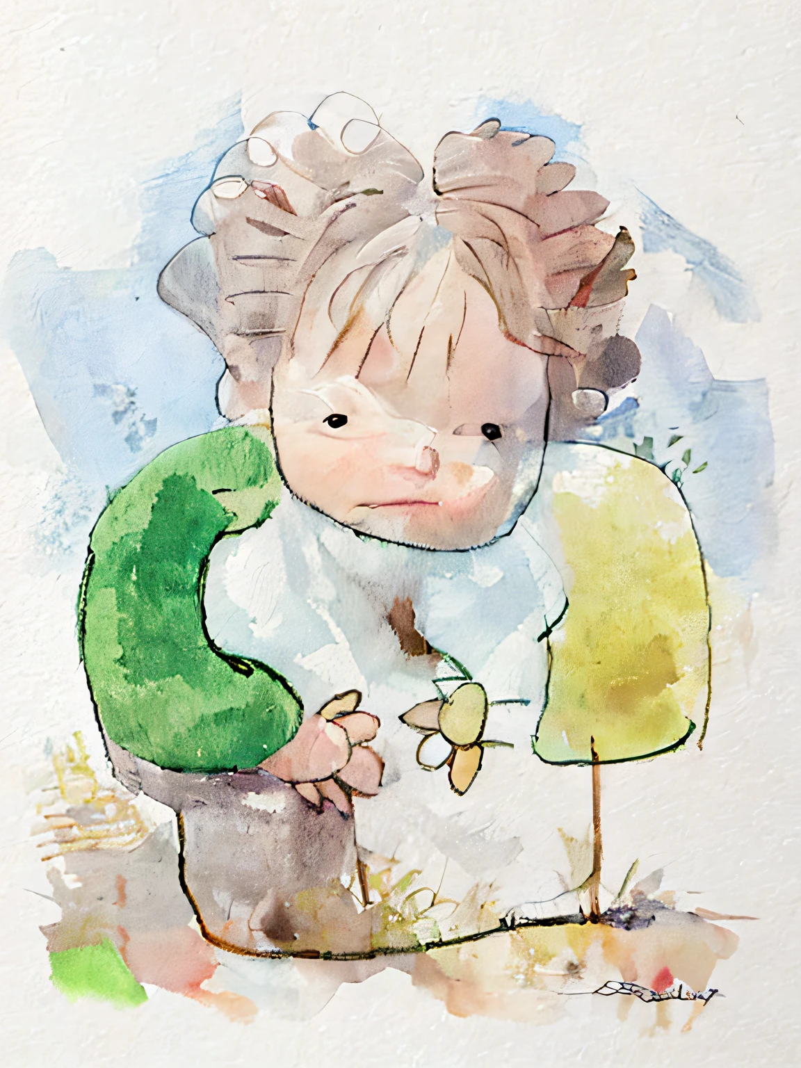 Painting of a with shaggy hair, badly drawn, inspired by Quentin Blake, children's book drawing, Simple drawing, based on child's drawing, flowers growing out of his body, badly drawn, a child's drawing, a drawing, by Tony Tuckson, author:Serry Richards, Hand drawn illustrations, author:Penelope Beaton, peterdraws
