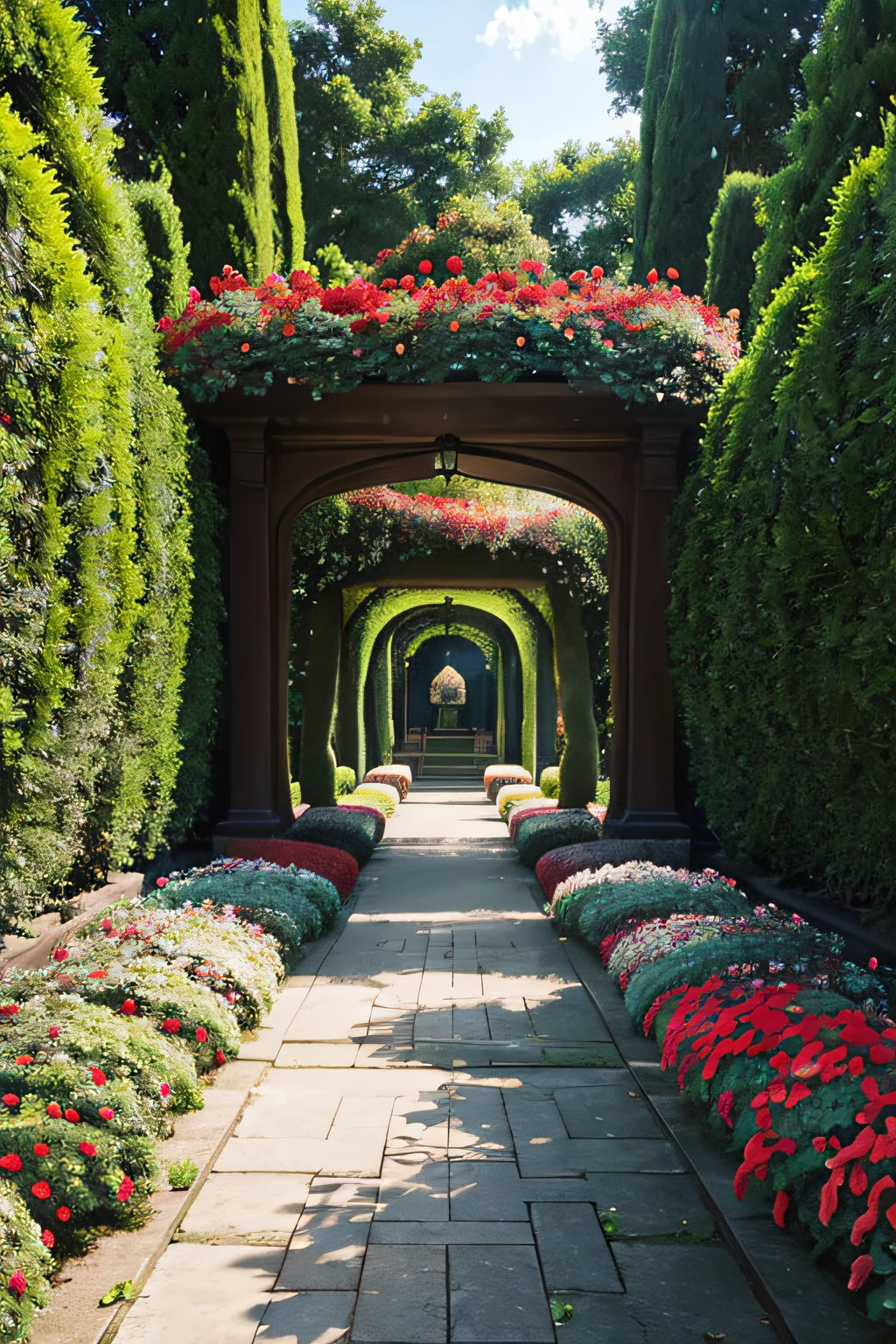 corridor leading to beautiful garden with blooming red and green flowers and butterflies and swings