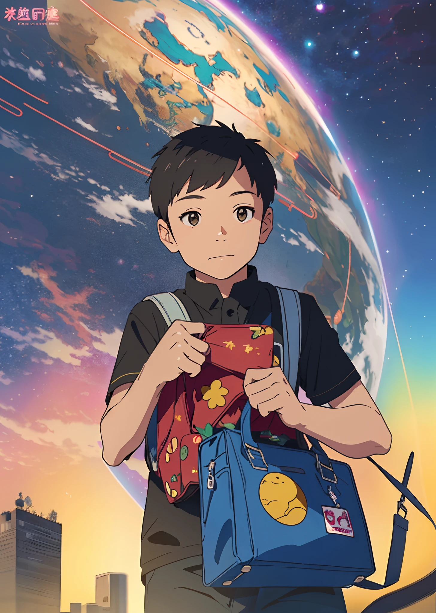 A fifth-grade Chinese boy carrying a school bag,The background is a planet in the future universe,The planet has been developed by humans into a children's paradise,The park is full of high-tech gaming facilities,The little boy had a great time here --auto --s2