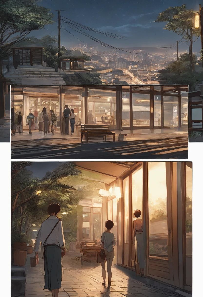 comic strip，Hong Kong comic book style，Fengyun comic style，（（（Comic storyboard））），Two-dimensional picture，Estilo de Makoto Shinkai，Makoto Shinkai manga art，teens girl，The narrow streets of the town，starrysky，vibrant with colors，Hyper-realistic，Ultra photo realsisim，super-fine，Smooth lines，high qulity，8K，tmasterpiece