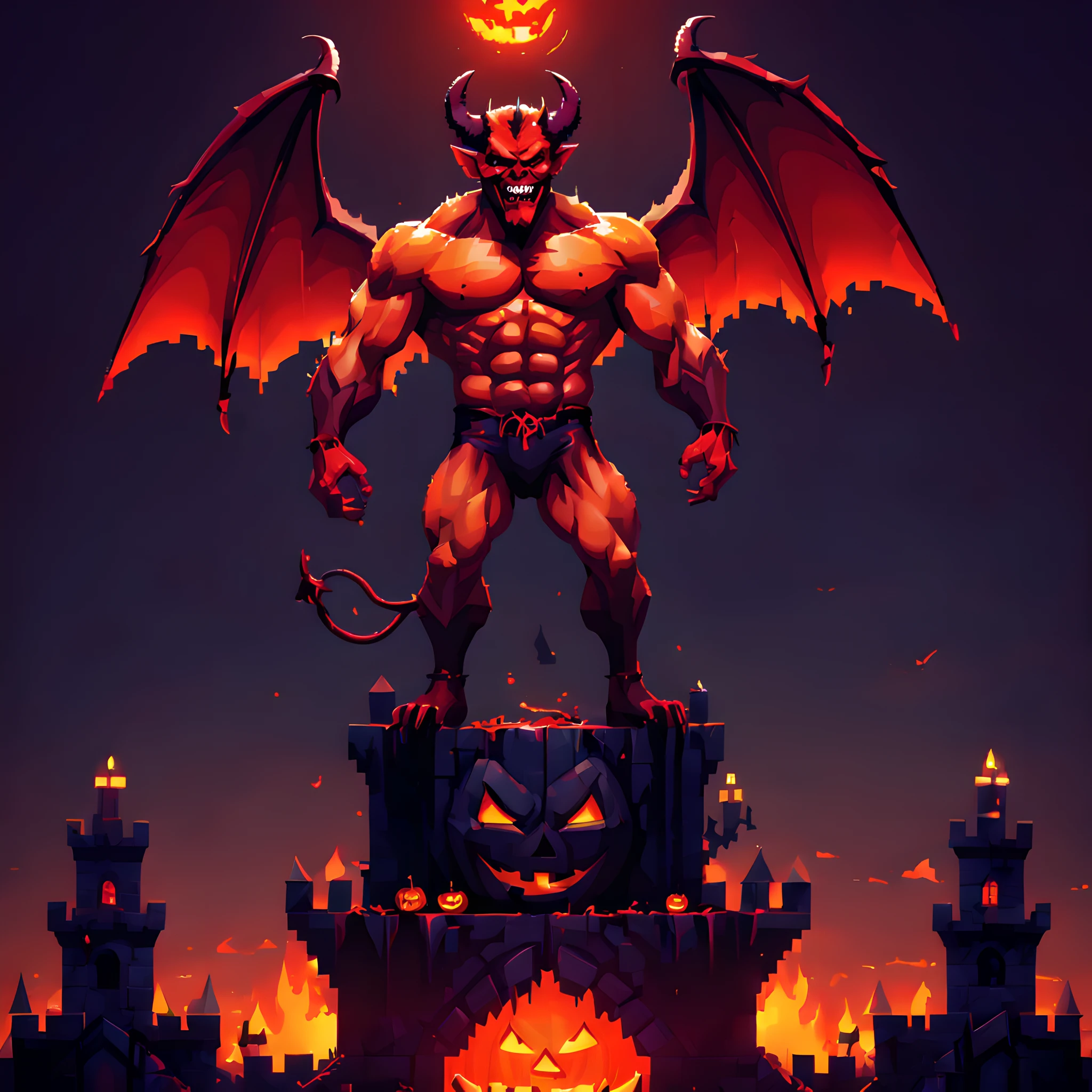 (halloween theme:1.3), (devil:1.5), (devil:1.5), (pixel art:1.5), scary muscular devil, standing on broken jack O'lantern, halloween day, dark background, european castle, fire aura background,