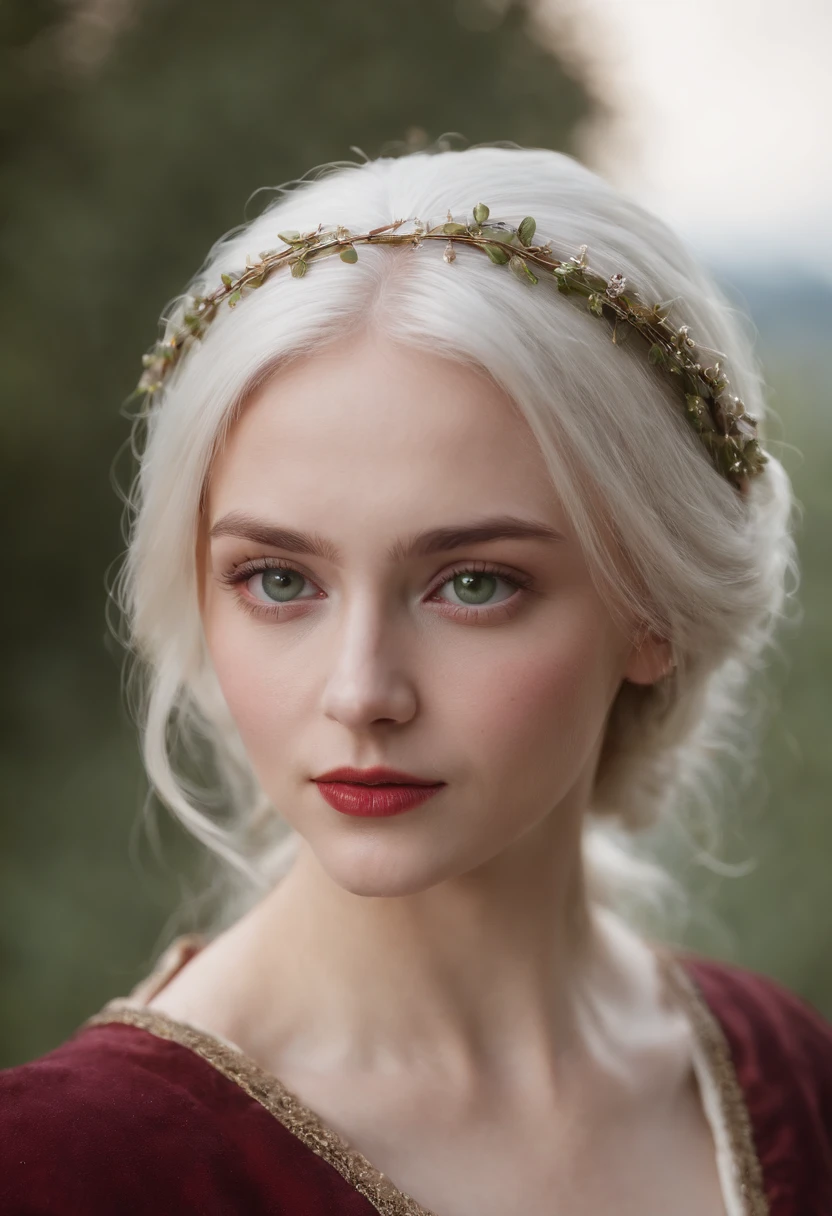 (((a deep reddish wound crosses her left cheek))) fair complexion, woman around 19 years old, natural white hair, distinctive green eyes, wearing kohl, slender and graceful, beautiful, candlelight in a medieval setting, ultra sharp focus, realistic shot, medieval female clothes, tetradic colors (scar:1.4)