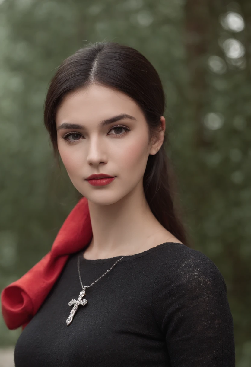 Emilisa Gomezzie, Tall, Gorgeous, Spanish ancestry, 23years old, Smooth skin, Black hair. Red turtleneck sweater, Black fitted pants, Simple silver cross necklace, Work at underground bases, Highly detailed, full bodyesbian、well-illuminated, 8K, View the artifacts, Holding a long whip. Amazing detail,