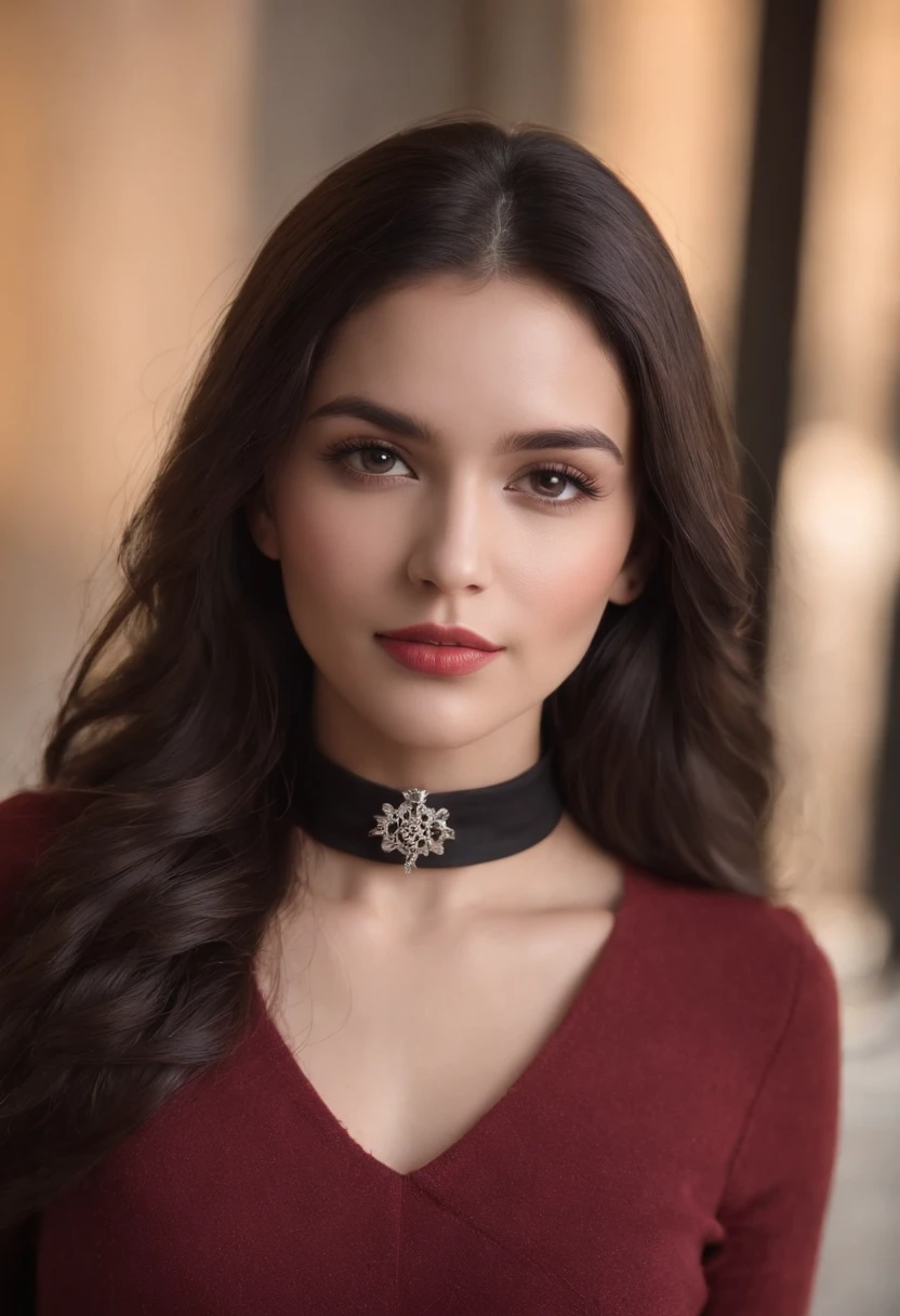 Emilisa Gomezzie, Tall, Gorgeous, Spanish ancestry, 23years old, Smooth skin, Black hair. Red turtleneck sweater, Black fitted pants, Simple silver cross necklace, Work at underground bases, Highly detailed, full bodyesbian、well-illuminated, 8K, View the artifacts, Holding a long whip. Amazing detail,