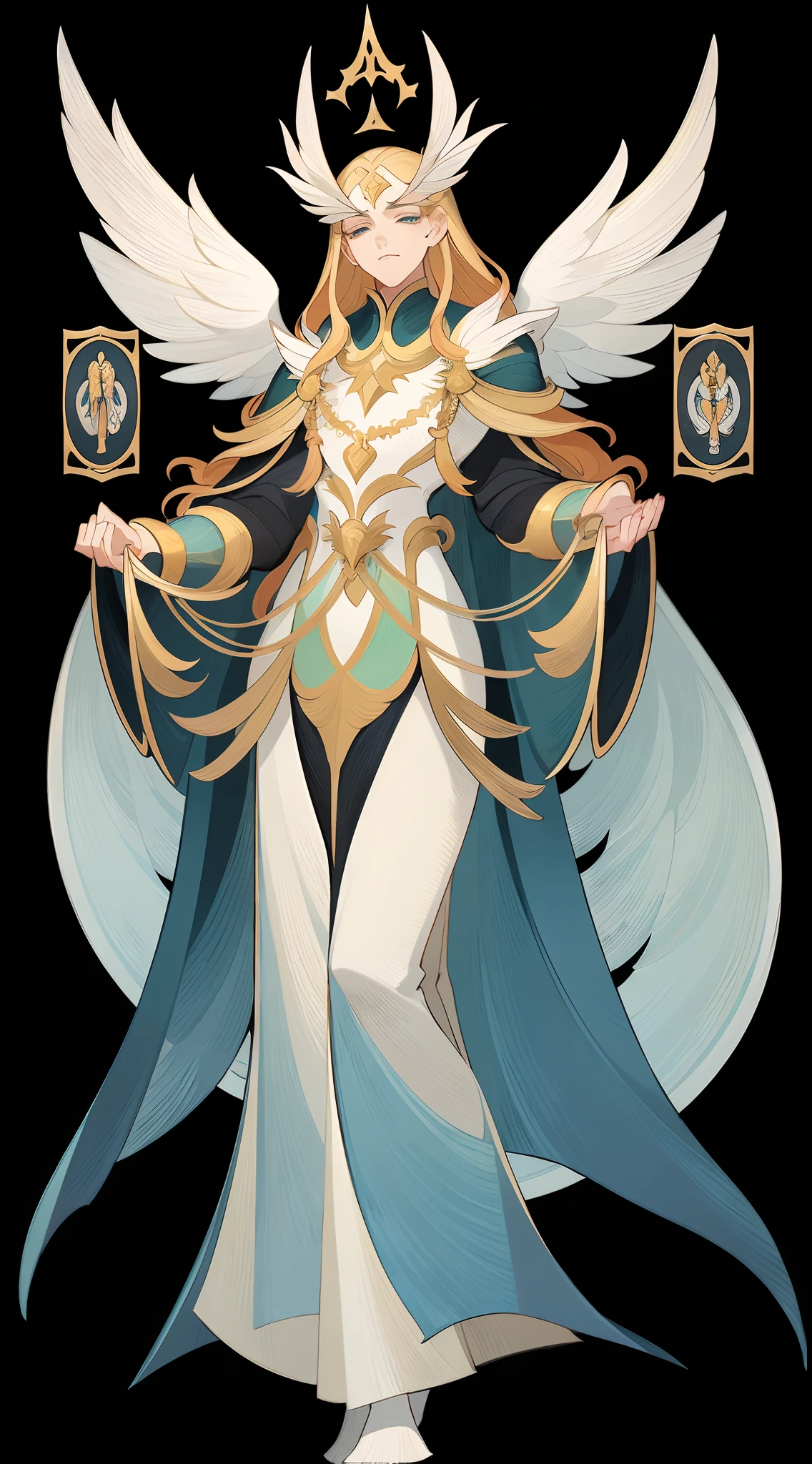 Full body portrait of 1 boy, angelicales, Angel wings, robe, standing on your feet, (((独奏))), Clear facial features, Simple line design, ((tarot card background, symmetric beauty)), perfectly symmetrical, The art of symmetry, Standing drawings of characters, ((flatcolors)), (tmasterpiece，top Quority，best qualtiy，超高分辨率，Clear facial features，beautidful eyes，beauitful face)