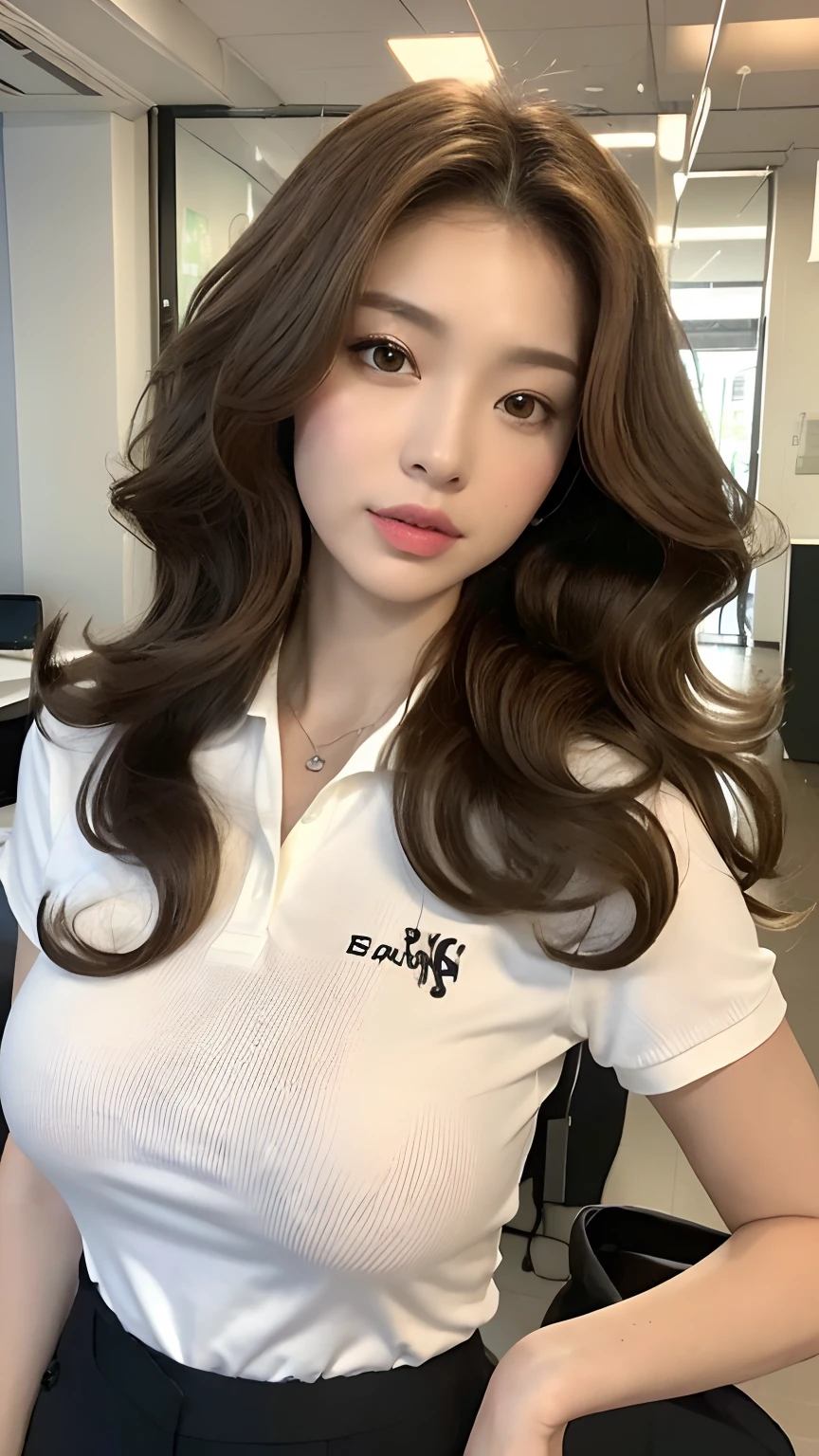 ((best qualtiy, 8K, tmasterpiece:1.3)), Focus:1.2, ((Office Worker)) ((Perfect figure Beautiful Woman: 1.4)), ((Random Diva Hairstyle) ((Brown Wavy Hair In Big Curls))(Long white legs:1.3,(Polo Shirt With Shorts Outfit :1.2) , (inside in room: 1.2), Highly detailed facial and skin texture, A detailed eye, 二重まぶた,Whiten skin((Straight big breasts:1.3), looking at camera, Wear a necklace,