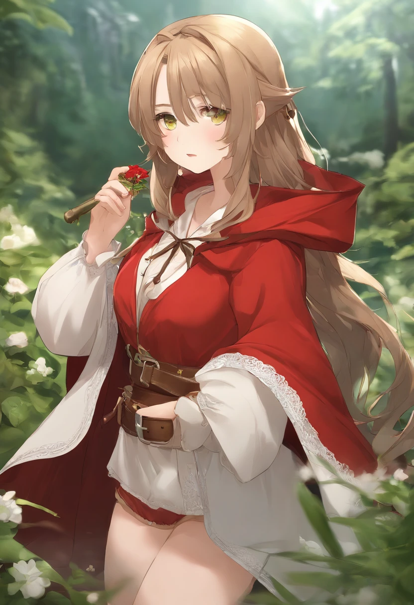 ((Blowing a wooden whistle))、((Little teenage girl, Wear a red cloak, Wearing a red hood, Fully round eyelids, White flower hair ornament, Green Bikini, Leather shorts, Belt bag, green colored eyes, Light brown long hair、Wavy Hair, Smaller chest:1.1)) , jrpg character art、(masutepiece, Best Quality, 8K、A detailed face：1.1）
