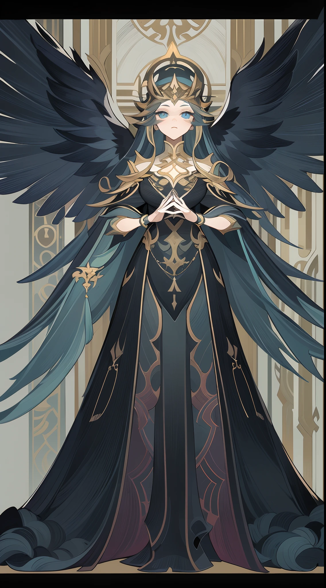 Full body portrait of 1 girl, angelicales, Angel wings, Gorgeous long dress, standing on your feet, (((独奏))), Clear facial features, Simple line design, ((Solid black background)), tarot design, Standing drawings of characters, ((flatcolors)), (tmasterpiece，top Quority，best qualtiy，超高分辨率，Clear facial features，beautidful eyes，beauitful face)