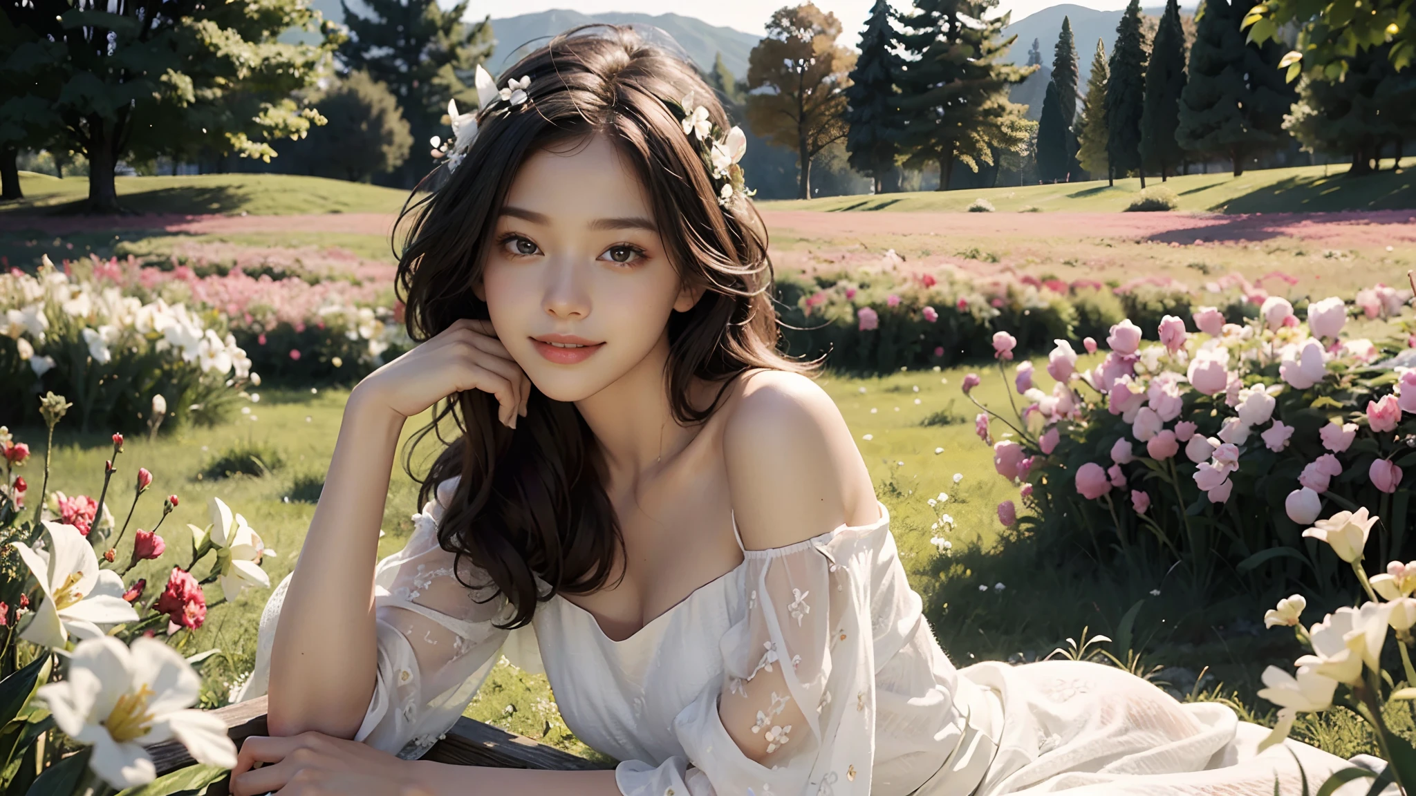 Best quality, masterpiece, ultra high res, (photorealistic:1.4), raw photo, 1girl, white dress, off shoulder, blossom flower field, glowing skin, light smile
