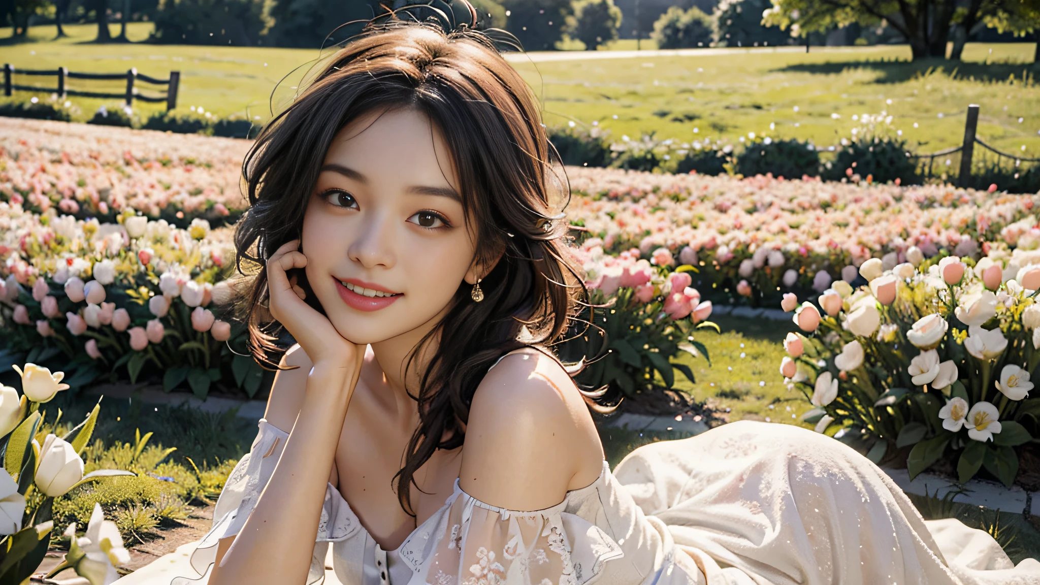 Best quality, masterpiece, ultra high res, (photorealistic:1.4), raw photo, 1girl, white dress, off shoulder, blossom flower field, glowing skin, light smile