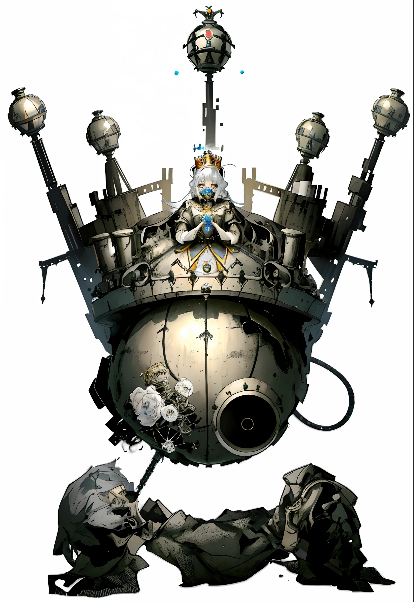 A close-up of a person wearing a crown and a gas mask, voir.Ka Mecha Machinarium, Le robot portant la couronne osseuse, Prince Black Gear Crown, Machinarium, King of Entropy, Strange Crown ), couronne de fer, Frozen zombie man with a crown, Personnages de Machinarium, high quality steampunk art, couronne en os, Roi des rats