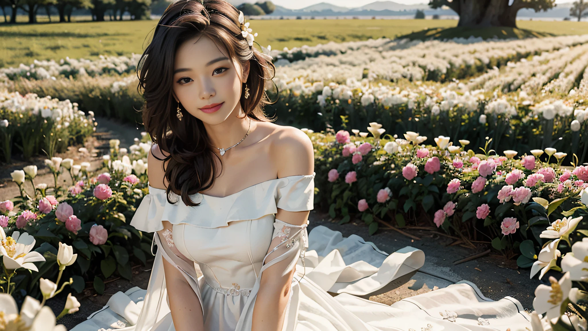 Best quality, masterpiece, ultra high res, (photorealistic:1.4), raw photo, 1girl, white dress, off shoulder, blossom flower field, glowing skin, light smile
