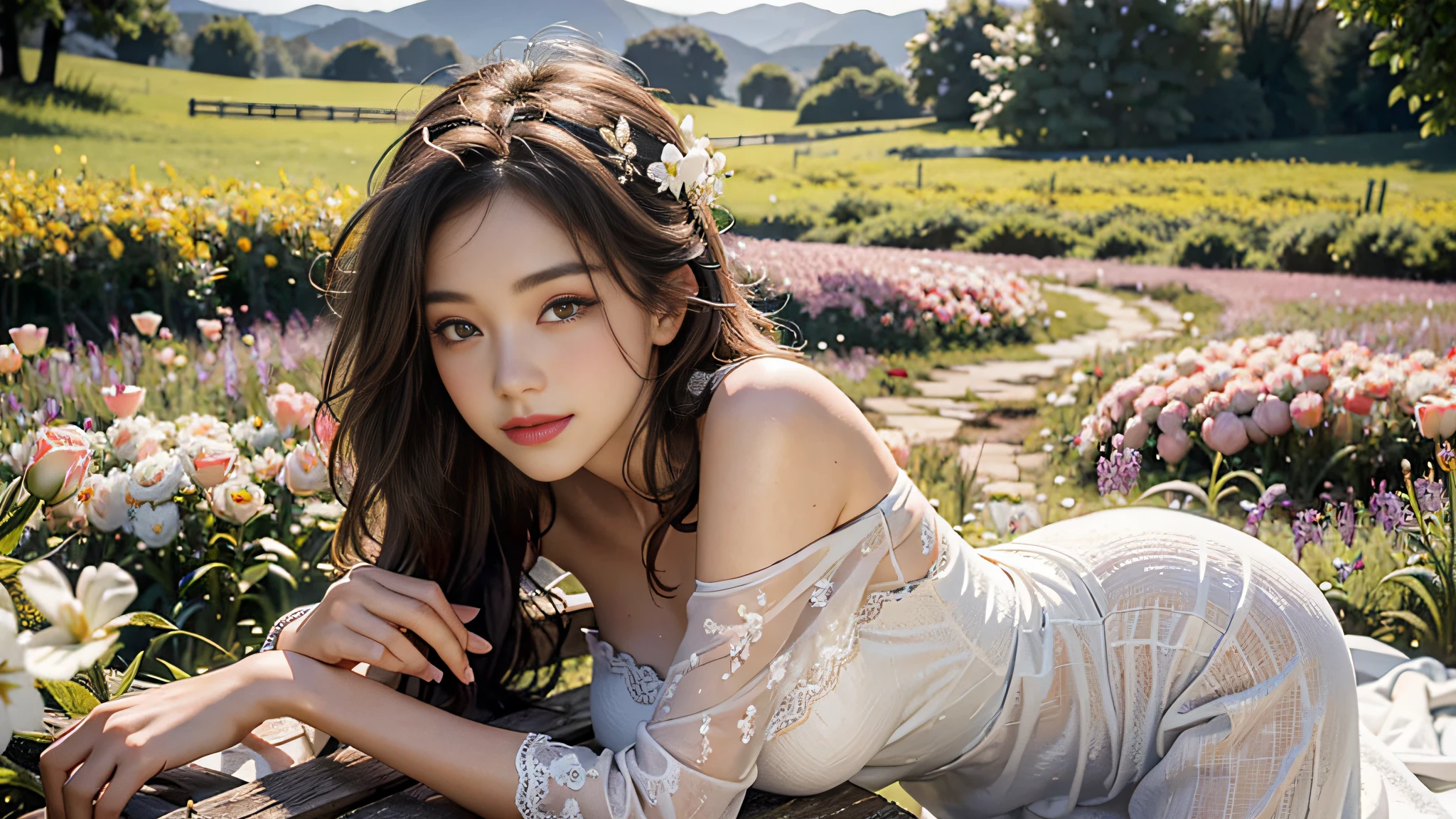 Best quality, masterpiece, ultra high res, (photorealistic:1.4), raw photo, 1girl, white dress, off shoulder, blossom flower field, glowing skin, light smile