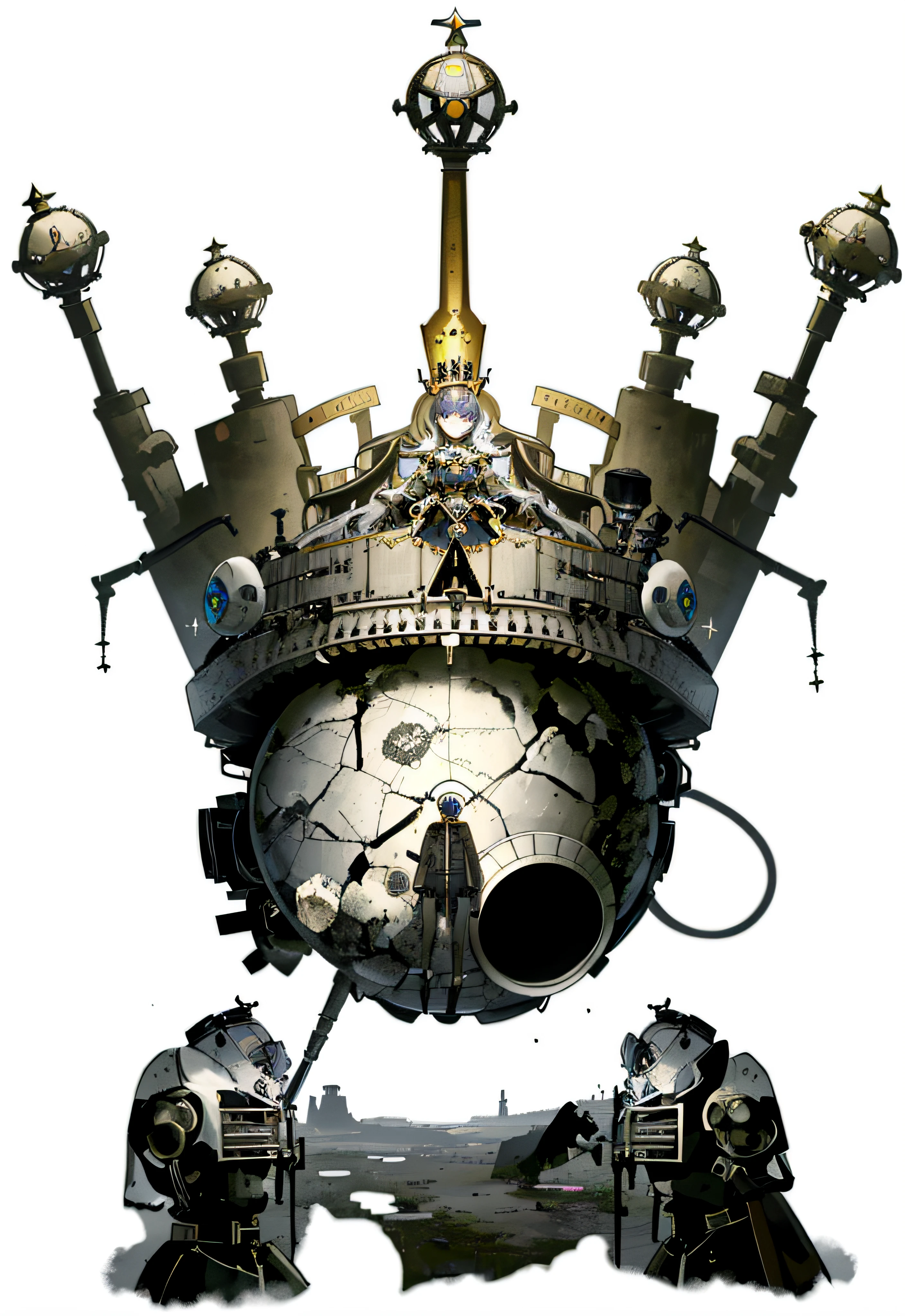 A close-up of a person wearing a crown and a gas mask, voir.Ka Mecha Machinarium, Le robot portant la couronne osseuse, Prince Black Gear Crown, Machinarium, King of Entropy, Strange Crown ), couronne de fer, Frozen zombie man with a crown, Personnages de Machinarium, high quality steampunk art, couronne en os, Roi des rats