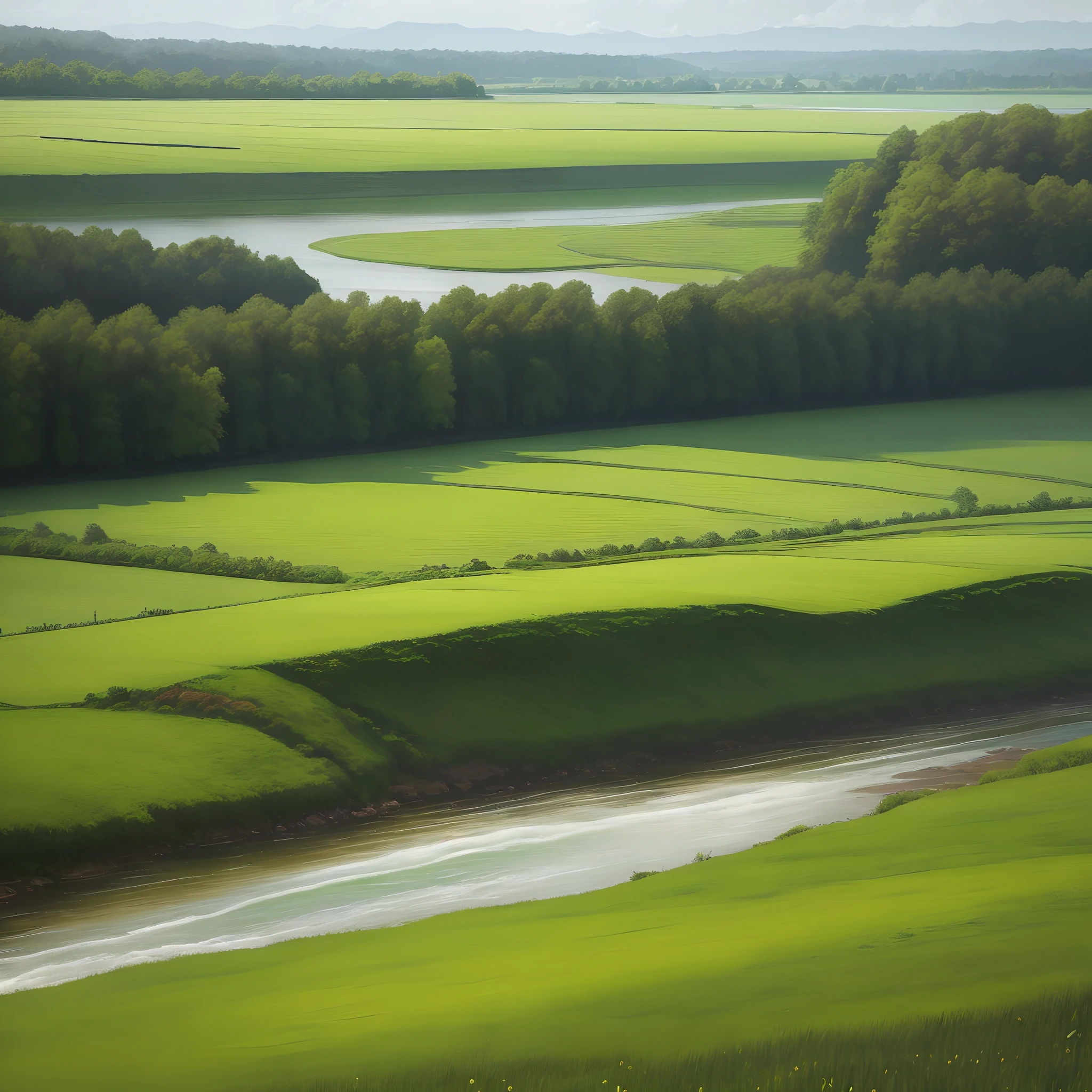 Landscape of a green meadow with a river