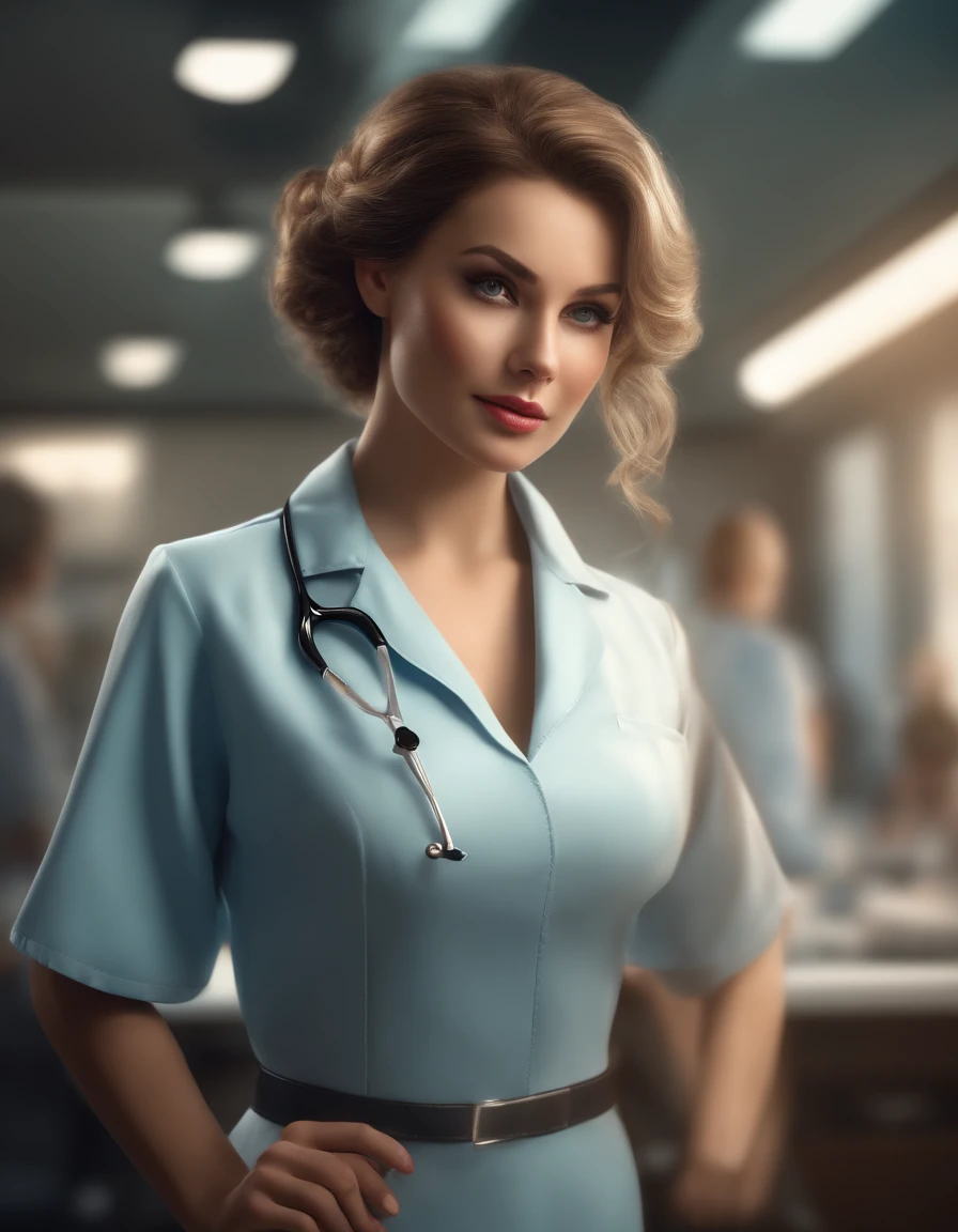 Cinematic , ((3/4 yrsche)), facing the audience, (Reality :1.4), a woman looking into the camera, female cosmetologist, nurse azure costume, detailed beautiful face, action shot, office background, daytime, photo realistic, CG, art station, masterpiece, HD photography