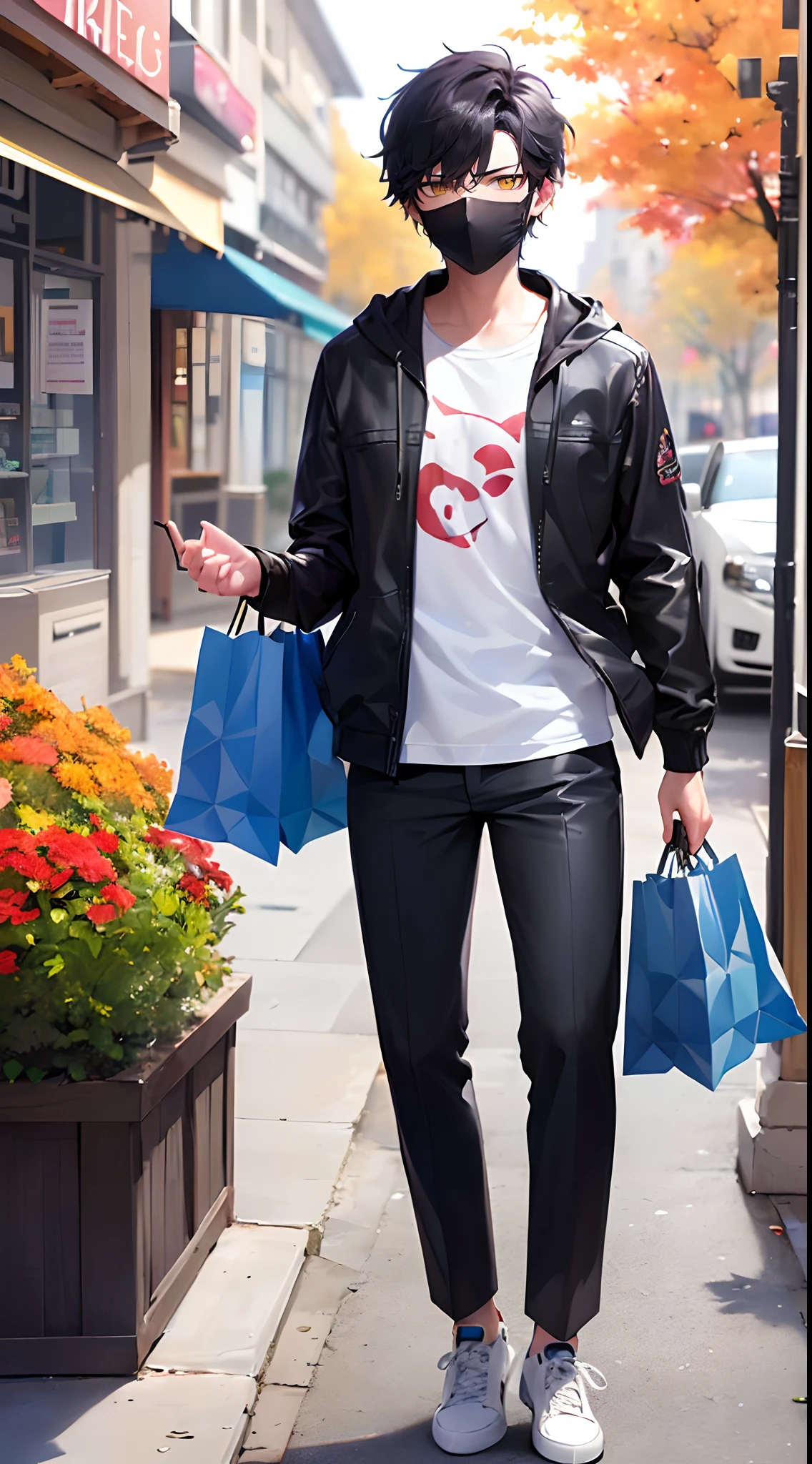 (4K works))、​masterpiece、(top-quality)、Outside the shopping center、Korean Male、Adult male、((Adult 26 years old))、((Adult older brother))、((Face similar to Hyun Jin))、Cool Men、tall、((Troubled expression))、((Strong eyes))、((Wearing a white T-shirt and a hooded black jacket、White long trousers))、((Autumn clothing style with long sleeve long pants))、((Wear a black mask))、((smaller face))、Slim body、((hooligan))、((Black short-haired))、((Yellow eyes))、((shot from front))、((After shopping))、((He standing with a shopping bag))、((Shot alone))、((Solo Photography))