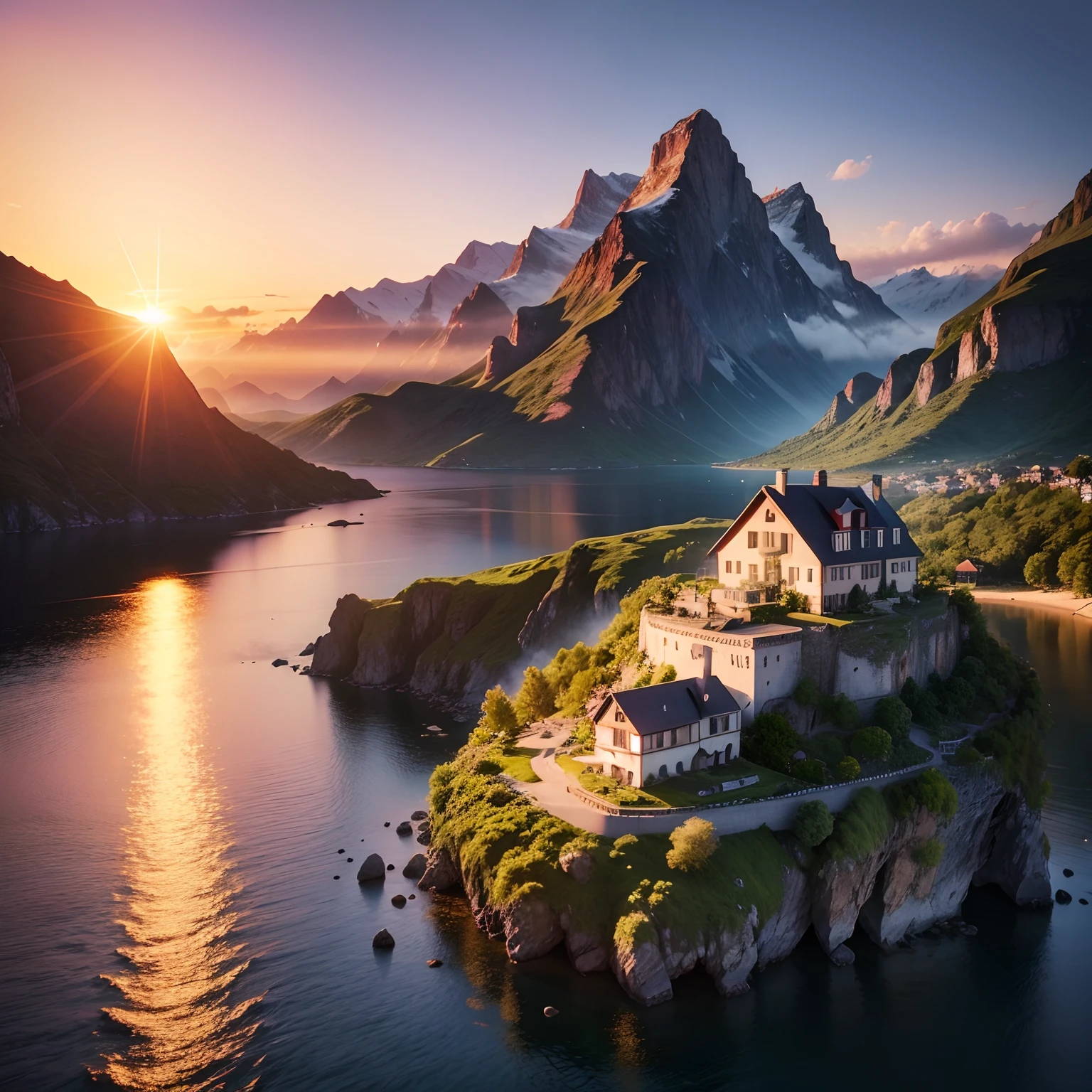 beautiful island, mountains, sunset, cinematic, house on island