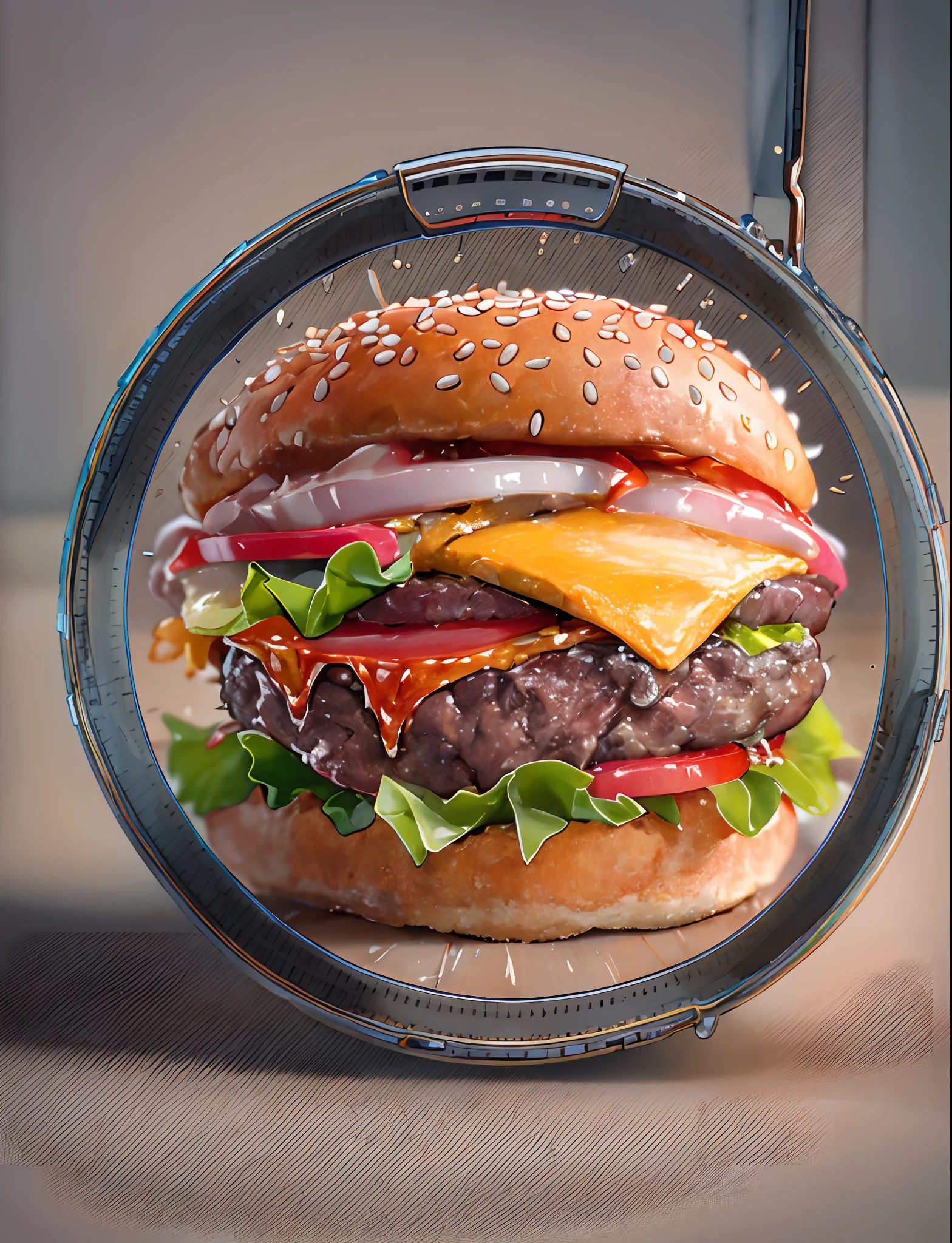 There is a close-up of a hamburger on the phone,The hamburger is about to crawl out of the phone,food commercial 4 k, food advertisement, operating on burgers, super realistic food picture, food photography 4 k, hamburgers,big juicy burger, 2 4 miles/sec, 24mp, Augmented reality,