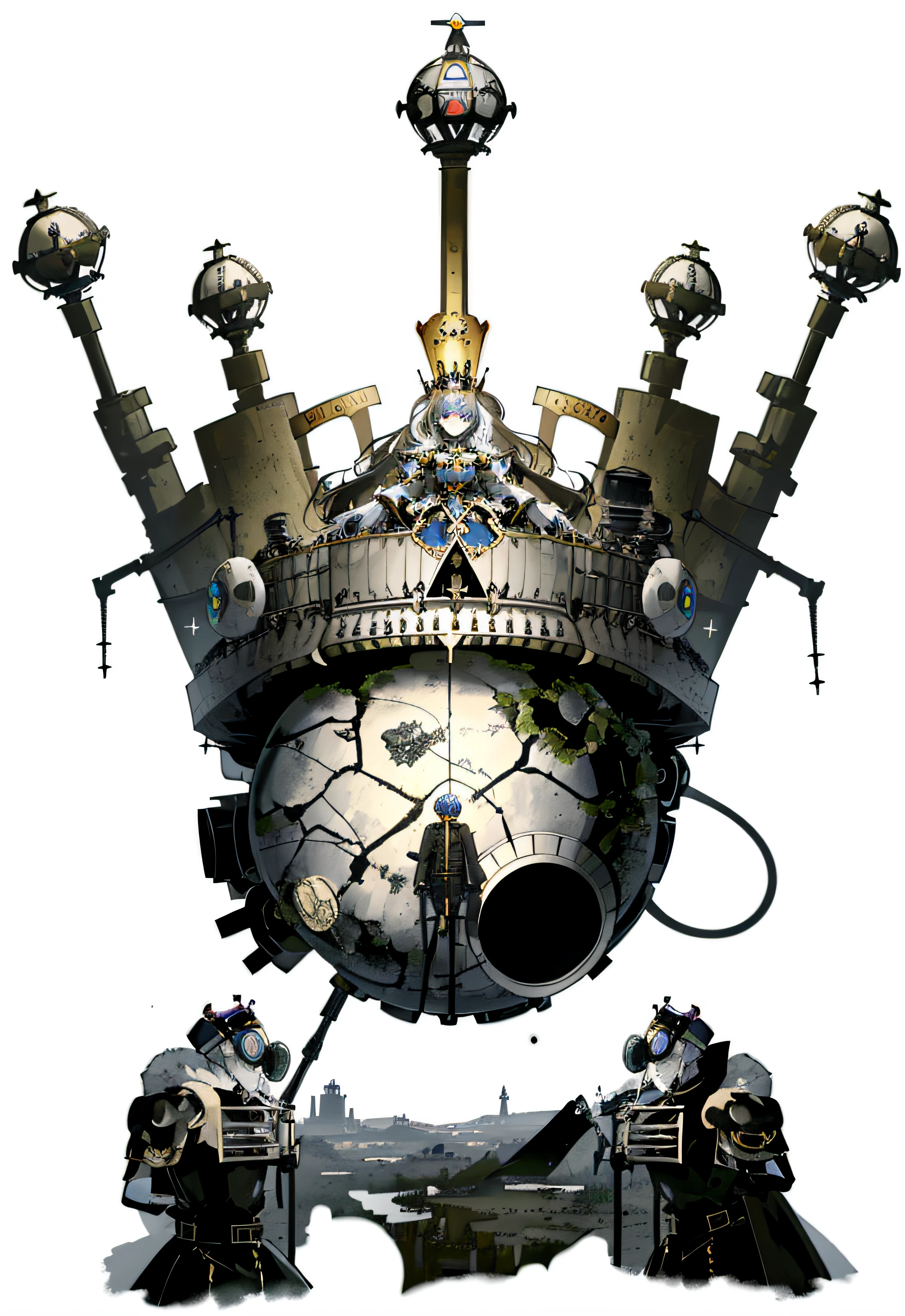 Close-up of a person wearing a crown and a gas mask, voir.Ka Mecha Machinarium, Le robot portant la couronne osseuse, Prince Black Gear Crown, Machinarium, King of Entropy, Strange Crown ), couronne de fer, Frozen zombie man with a crown, Personnages de Machinarium, high quality steampunk art, couronne en os, Roi des rats