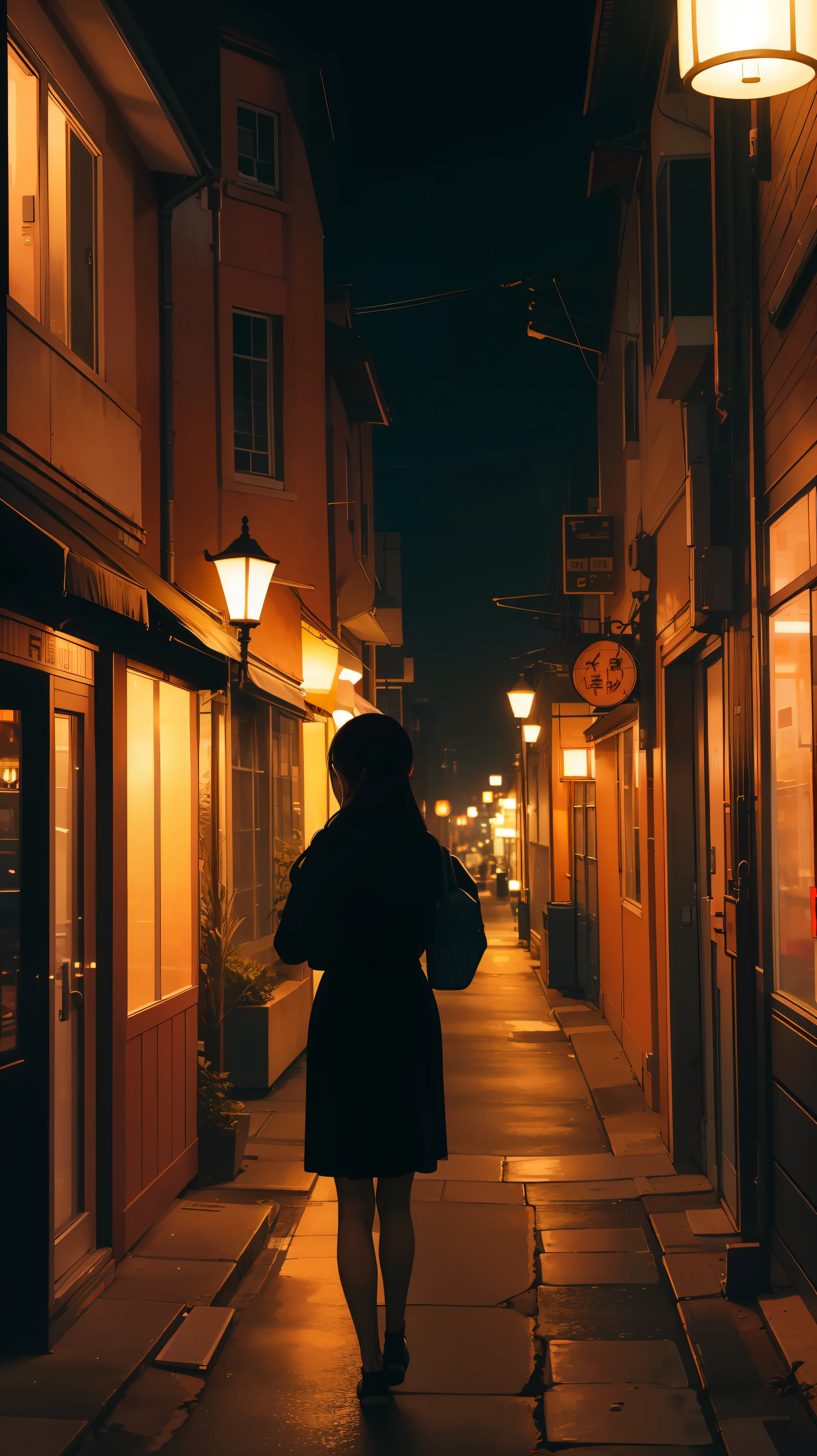 top-quality、Masterpiece、A woman is walking on the night street of a retro city。Old street lamps illuminate the city、The camera is from behind her.、Expresses the tranquility and warmth of the city。