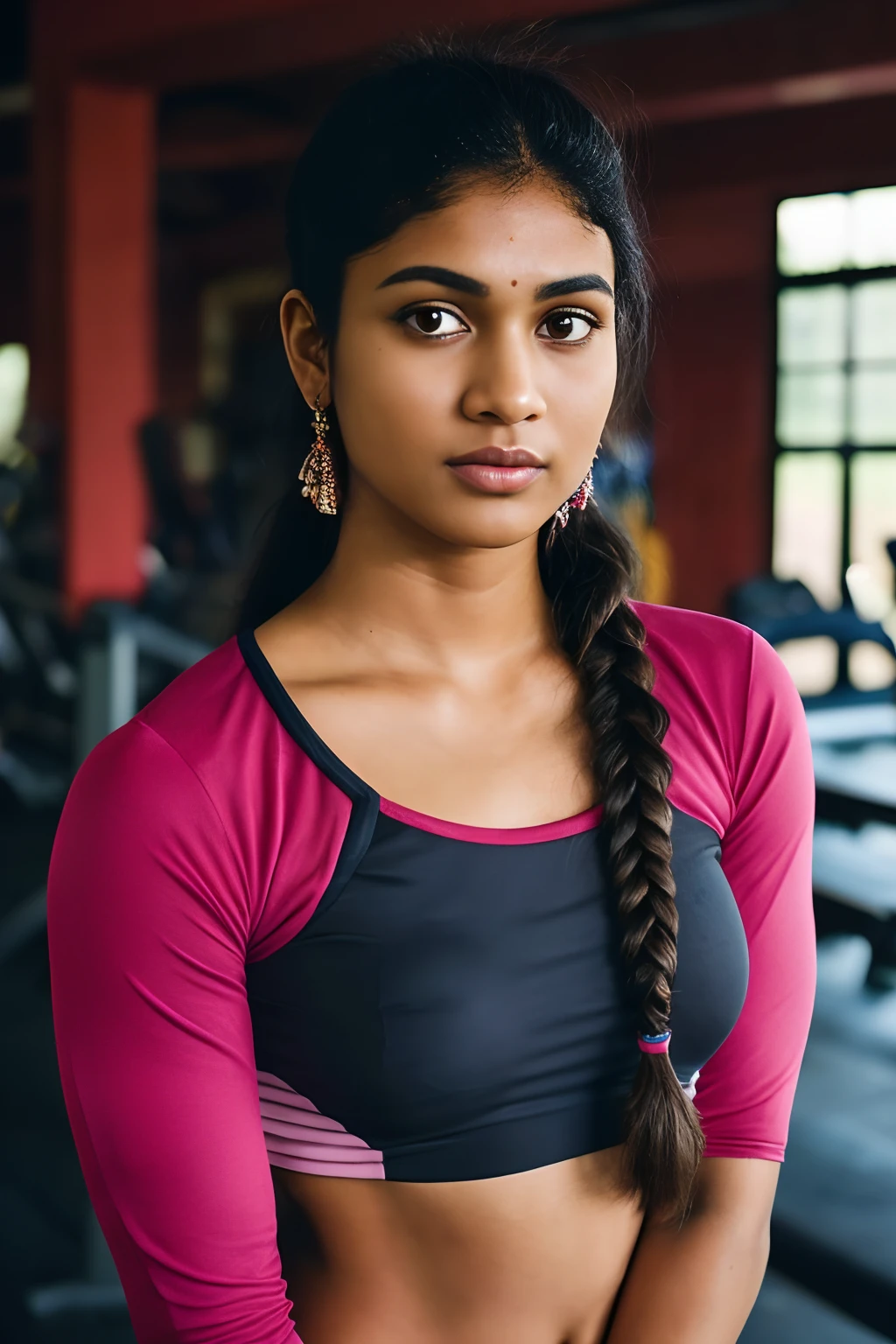 (full body, editorial photograph of a young dusky Indian woman), photographed in a gym, (highly detailed face:1.4) (smile:0.7) (background indian gym , moody, private study:1.3) POV, nikon d850, film stock photograph ,4 kodak portra 400 ,camera f1.6 lens ,rich colors ,hyper realistic ,lifelike texture, dramatic lighting , cinestill 800, realistic, wearing pink gym Top, half sleeve, posing!!, candid picture, medium body, extra large sized and firm breasts, black hair, braided hair, medium hair length realistic skin texture, brown skin