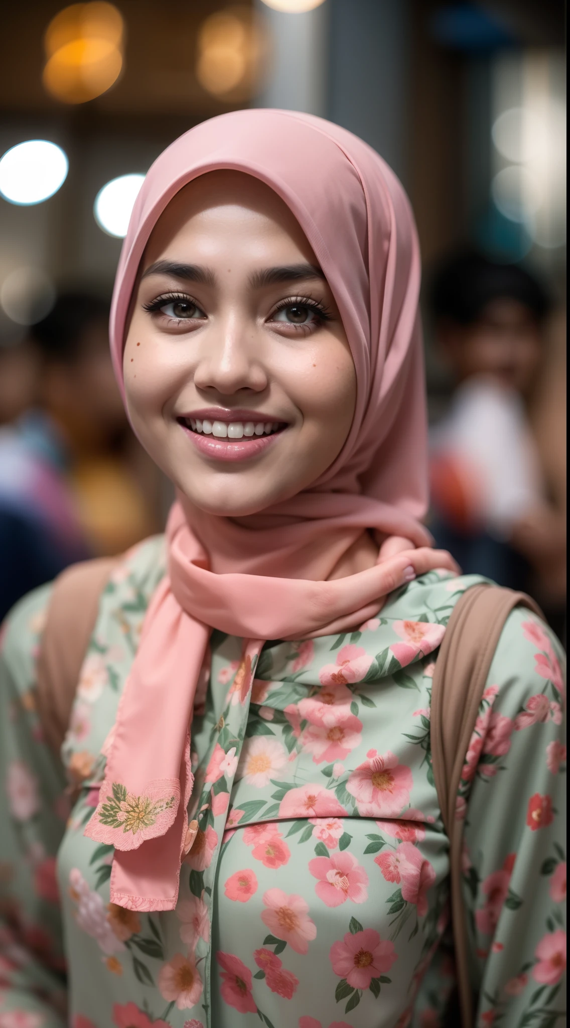 Malay girl in hijab wear small floral baju kurung malaysia in college, wear back pack, front view, detail skin, detail skin texture, mole below eyes, small breast, big hip, big waist, big thigh, slim abs, beautiful body, nighttime, laughing, happy, bright lighting, college student in background, crowded college, blur background, bokeh,