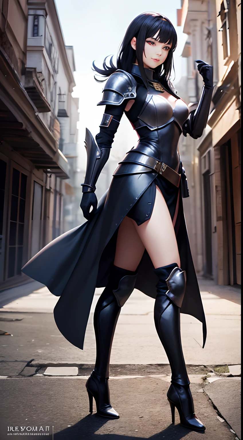 Pretty women, 20yr old,a woman in armor,Solo,Ukrainian,Black armor,high heels boots,Full body portrait,from side,Woman knight,Slender body,robe,Perfect face and nice perfect face, Surreal concept, 8K resolution, photographic quality, Walk through the ruins, Photorealistic,A detailed eye,holding 剣,smile,