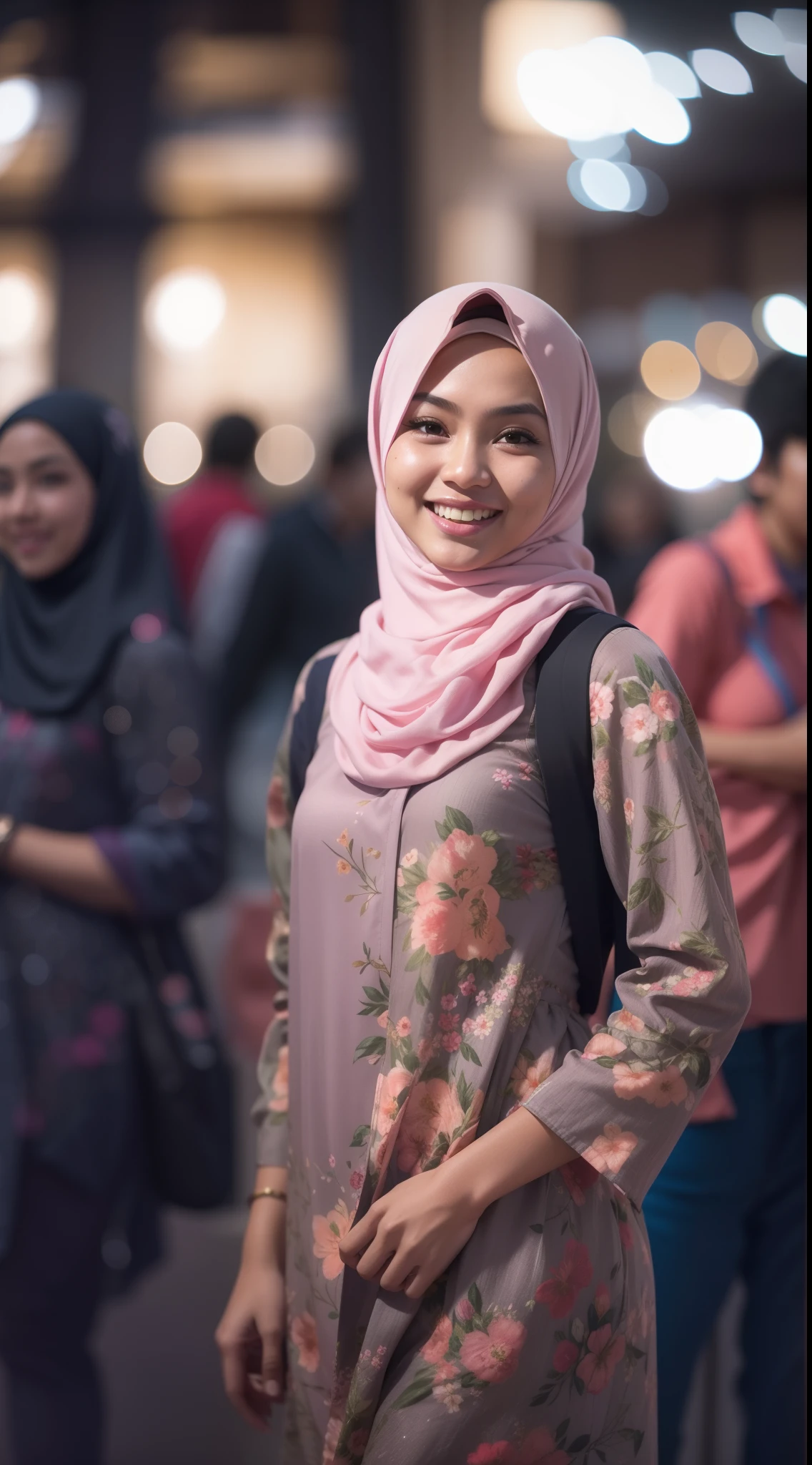 Malay girl wear white shawl hijab, wear violet Floral Print peplum Dress and leggings, laughing and chatting in cafe, wear backpack, front view, hijab blown, windy, detail skin, age spot, detail skin texture, mole below eyes, small breast, flat chest, wide hips, small waists, thick thighs, slim abs, beautiful body, evening, sunset, laughing, happy, bright lighting, city street in background, crowded city, blur background, bokeh,