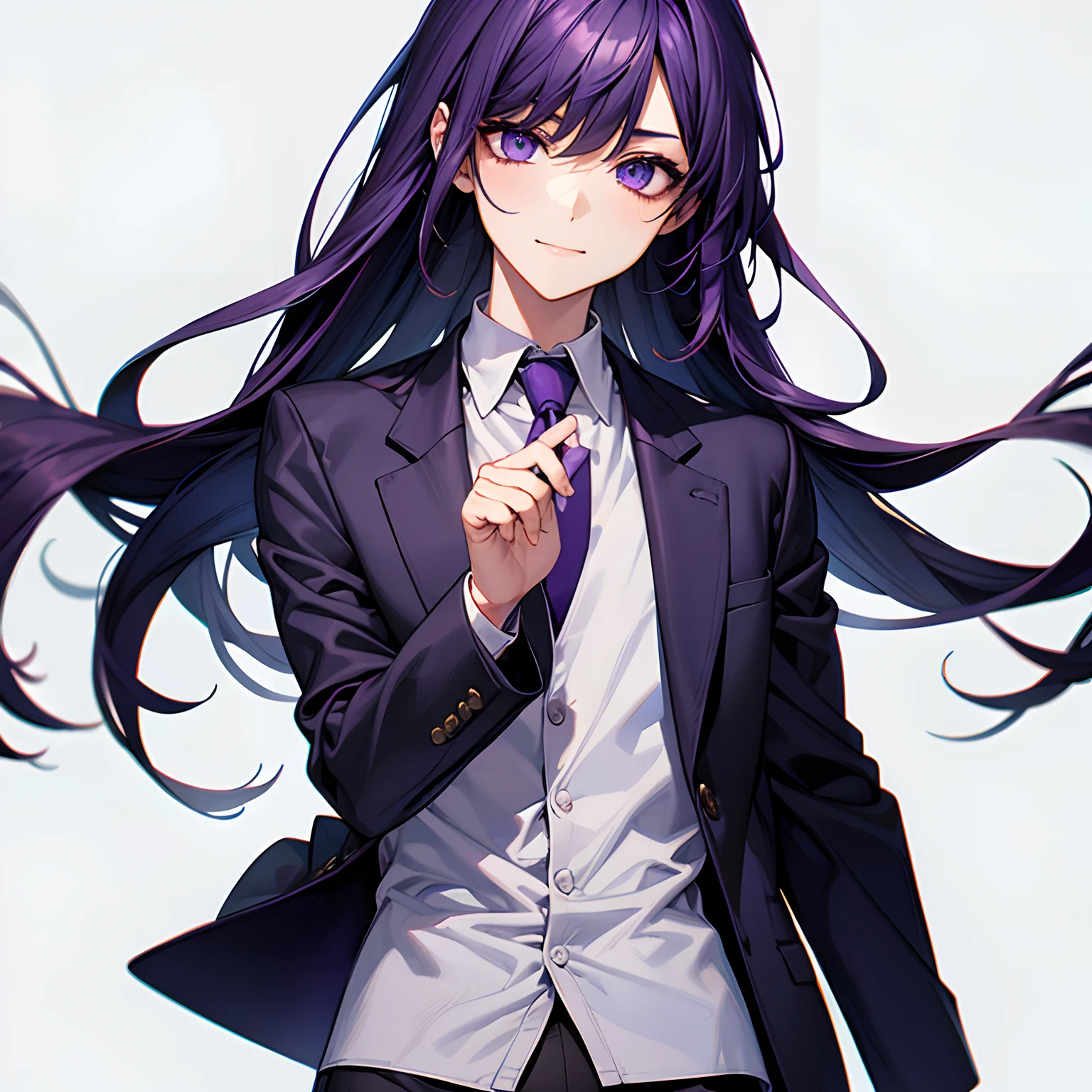 1man, Face Focus, [[[Adults]]], Business suits, jaket, white  shirt, neck tie, Underpants, frontage, top-quality, adopt, A detailed face, simple background、[[[deep purple hair]]]、[[[Jade Eyes]]]、confident facial expression、The upper part of the body、Beautiful eyes、The upper part of the body、Suspicious smile、Purple God、Face Up、Upper body emphasis