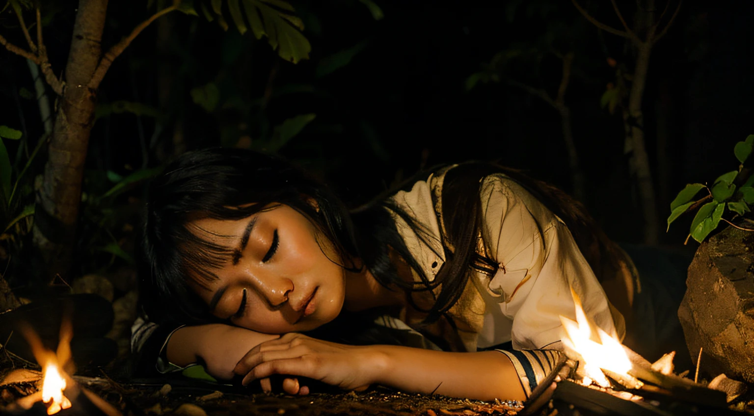 japanese girl sleep, in jungle, campfire, night, Wide picture
