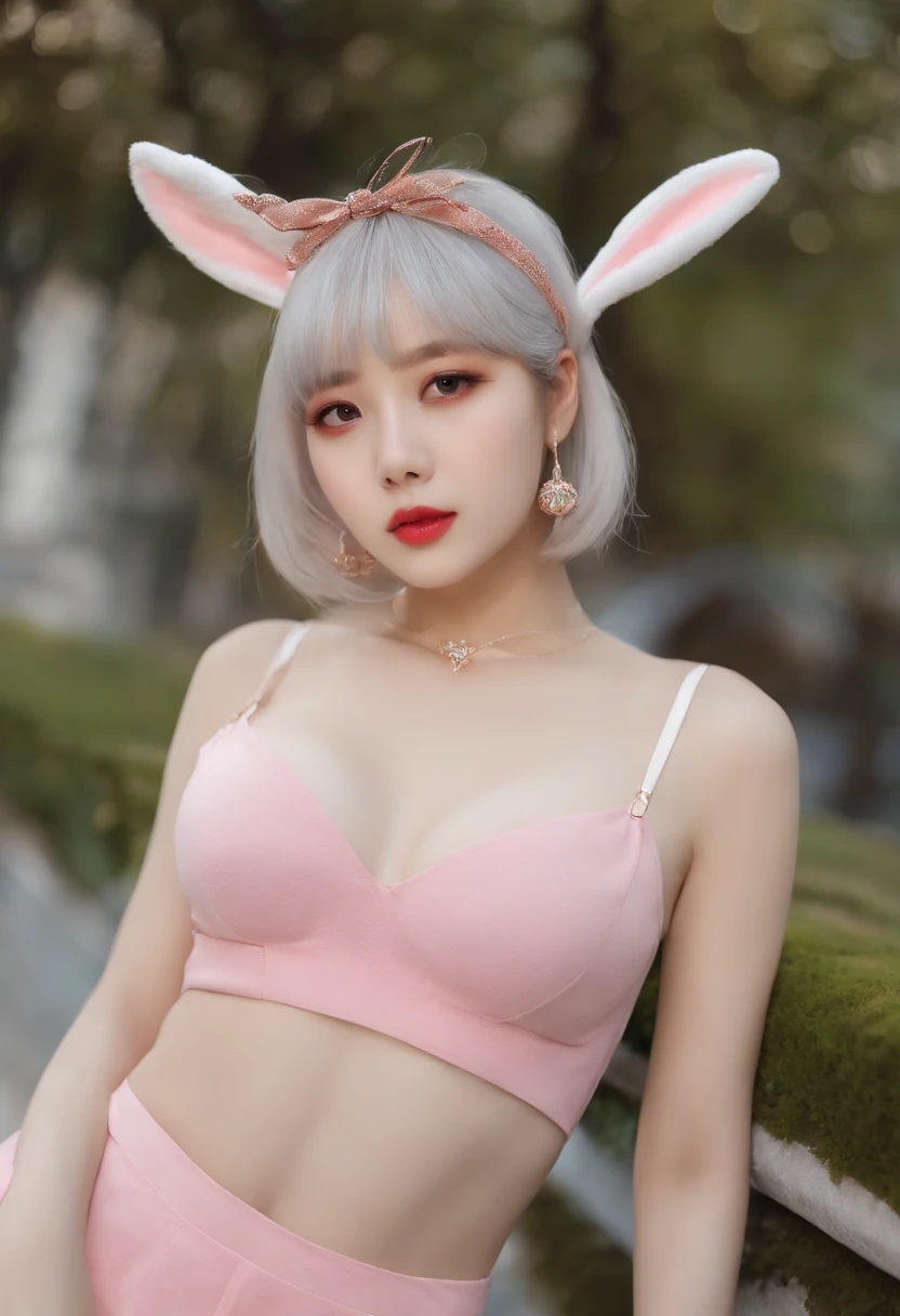 Top image quality、Raw photography、超A high resolution、18-year-old Korean、Glasses beauty、Colossal tits:1.5、cleavage of the breast:1.5、fair white skin、shiny white skin、(short bobbed hair)、bright silver hair、bright white hair、Beautiful eyes with random colors、very thin lips、beautiful eyes finely detailed、elongated eyes、pale pink blush、long eyeslashes、Beautiful double eyelids、eyeshadows、耳Nipple Ring、Fashionable glasses、Lighting that emphasizes beautiful skin、Lustrous skin、(Wearing a bunny costume:1.3、fishnet tights:1.0)