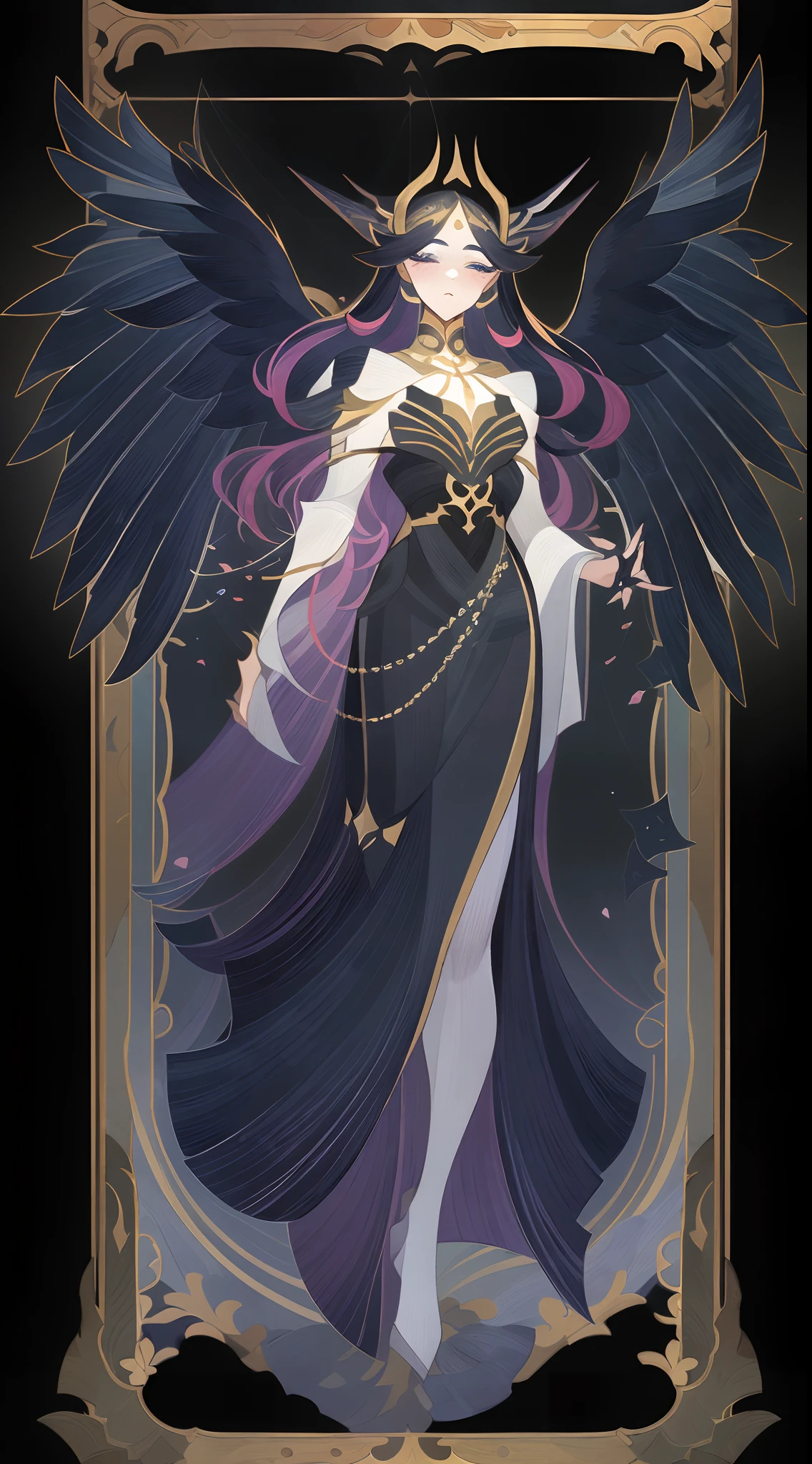 Full body portrait of 1 girl, angelicales, Angel wings, Gorgeous long dress, standing on your feet, (((独奏))), Clear facial features, Simple line design, ((Solid black background)), tarot design, Standing drawings of characters, ((flatcolors)), (tmasterpiece，top Quority，best qualtiy，超高分辨率，Clear facial features，beautidful eyes，beauitful face)