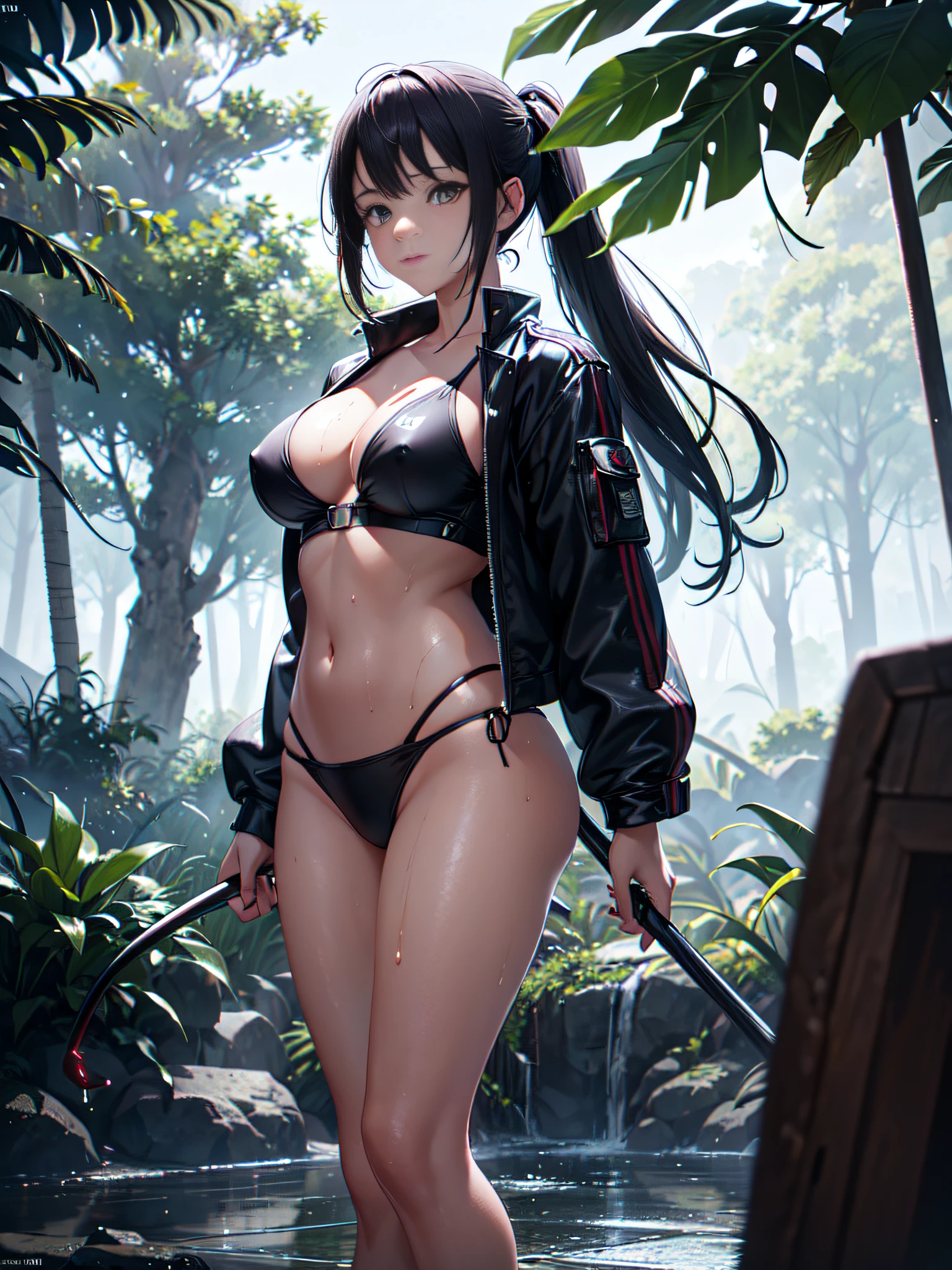 Quality 3, Wet anime, hyper details, Full body view, Wet anime 20 year old white woman with randomly dyed hair Wet hair tied back with a red ribbon Her eyes are the same color as her wet hair, thin, Super clothes fitted: white Nano tube top and Nano Lycras, A jungle background under a constant torrential rain that soaked them, Wet posture backwards, showing her beautiful body 92 59 90, flirtatious face, invisible pedestal,, film grain, Fuji colors, Light and shadow contrast, textured skin, (4*intricate details), Dynamic pose, realism, sunlight, high contrast, HDR (High Dynamic Range), Ray tracing, NVIDIA RTX, super resolution, Unreal 5, Dispersion subsurface, PBR texture, Post-processing, anisotropic filtering, depth of field, Maximum clarity and sharpness, Multi-layer textures, Albedo and specular maps, Surface shading, precise simulation of light-material interaction, perfect proportions, High-octane rendering, Lighting bicolor, wide aperture, low ISO, CANON eos professional lens 50mm camera
