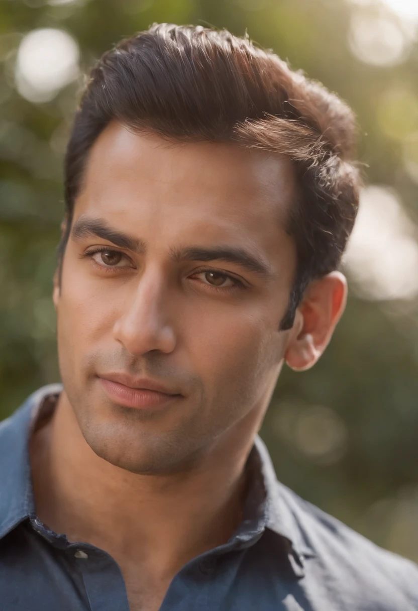 Create a realistic portrait of a man with a striking resemblance to Salman Khan, radiating contagious enthusiasm and a genuine zest for life,quente, natural lighting that highlights the characteristics of the subject and brings out the warmth in its expression,Foto em close-up, capturando seu rosto e parte superior do corpo. Position the camera at eye level to show your connection with the viewer, while his bright and enthusiastic expression takes center stage ::n_Gere uma imagem que retrate um homem que parece cansado e desinteressado, conveying lack of enthusiasm and passion