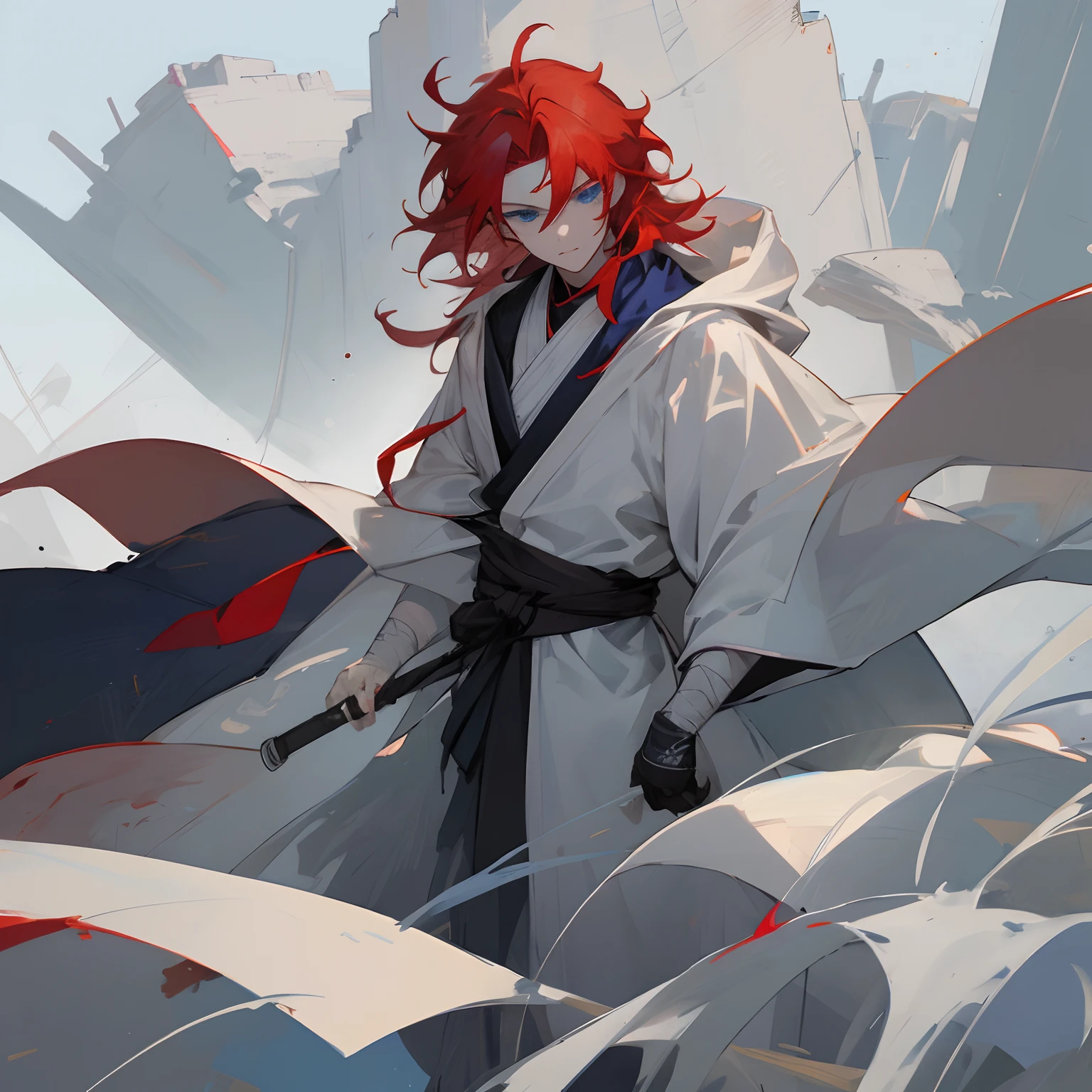 1male , red hair , blue eyes , messy hair , pale skin , white cloak with a blue longsleeve shirt underneath , bandages around the forehead  , Modern Village Background standing on path , somber expression , ninja clothing , lean build , sunny sky