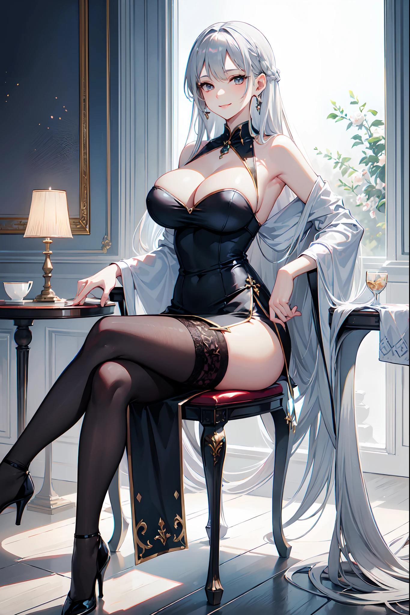 Adult girl, elegant, silver hair, long hair, smile, beautiful, ear ring, big breast, cleavage, sit on chair with crossing legs, oversized shirt, skirt, bare shoulder, heels, stocking, table, cup of tea, top floor, moon, window, lamp stand, 4k, ultra detailed