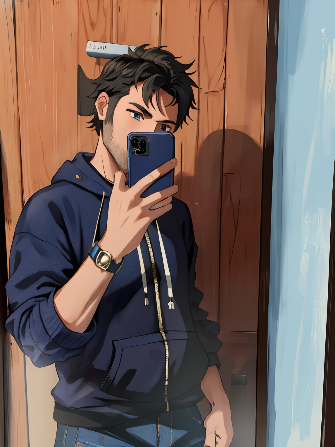 Arafed man taking a selfie in a mirror with a cell phone, 8k selfie photograph, Usando un pescador 🧥, imagen de muy muy muy baja calidad, De pie frente a un espejo, con una sudadera con capucha azul, wearing a neon blue hoodie, con jeans y una sudadera con capucha negra, full body profile camera shot, selfie en espejo, Reflection of the phone on the visor