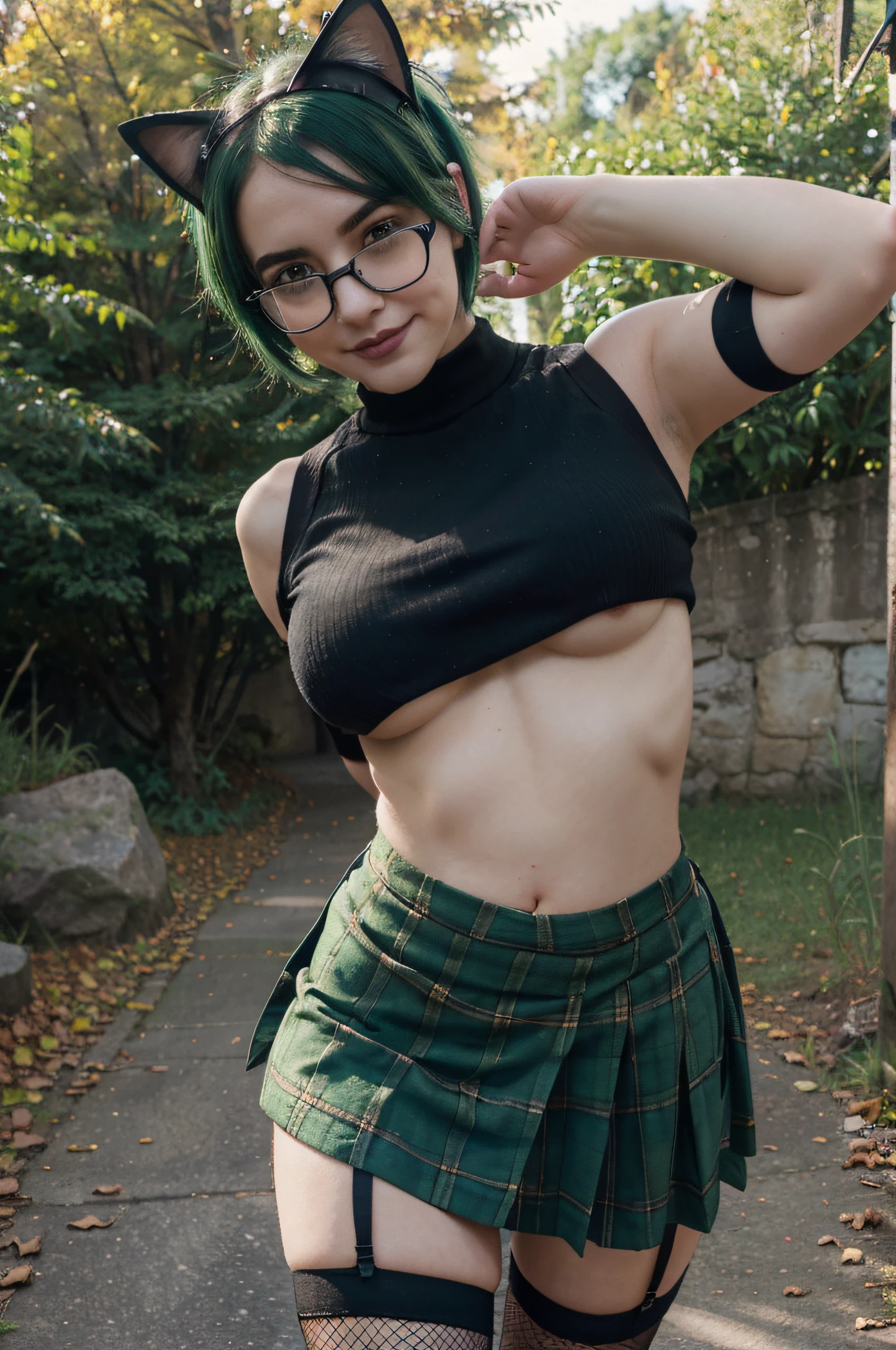 ((masterpiece, best quality)),best aesthetic, 1girl, looking at viewer, solo focus, goth woman, pale skin, glasses, cat ears, crop top, green plaid flannel, fishnet stockings, black and green hair, short hair, green eyes, freckles, thick eyebrows, short skirt, autumn trail, hard nipples, foggy day, thick thighs, short skirt, black lipstick, pubic hair, lifting skirt, smiling