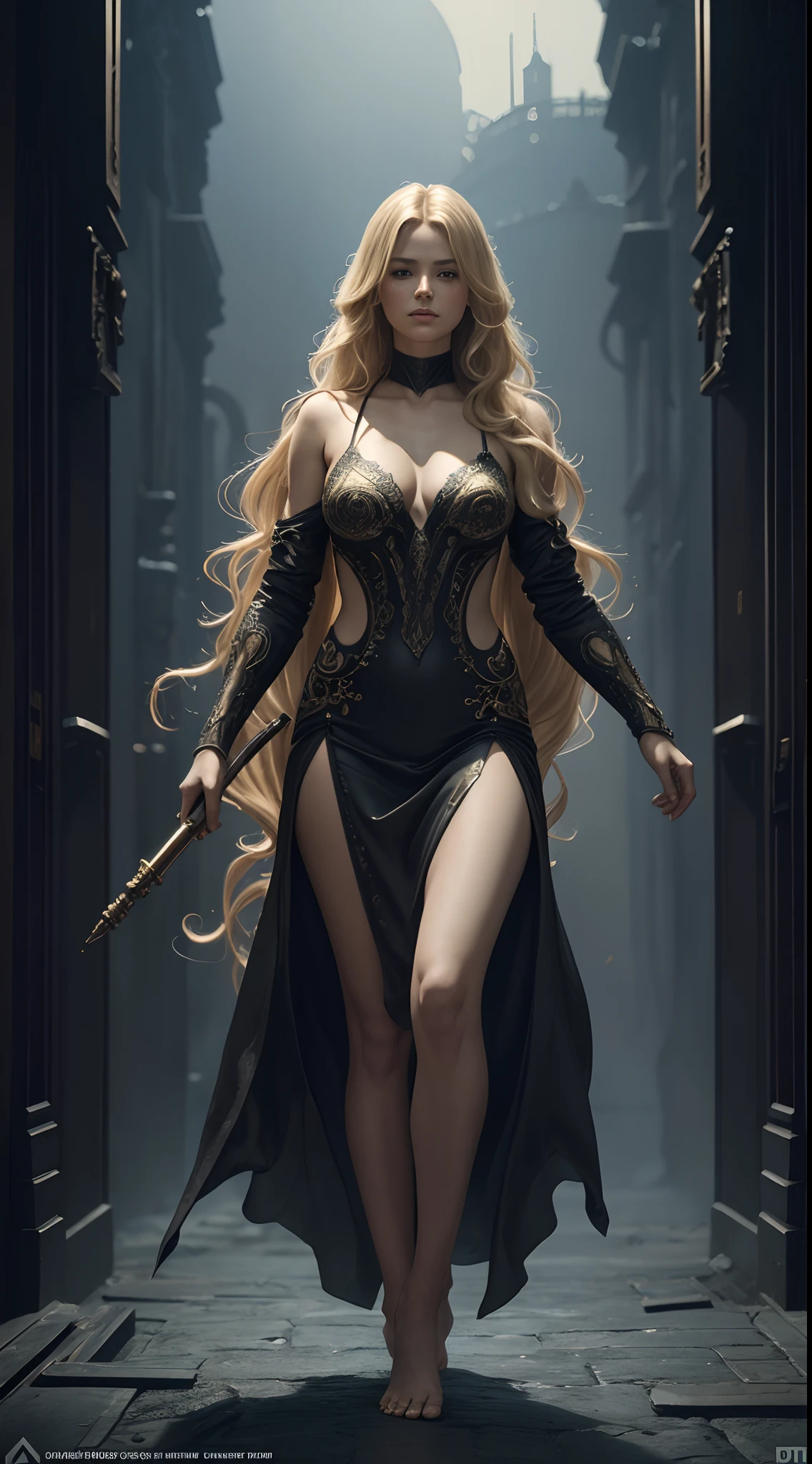 Beautiful woman, Blonde hair, Silk slip dress, (Long hair wavy like smoke):0.85 , Barefoot,Full body like,Confident expression, Detailed, 16k, sfv, masterpiece of intricate artwork, Ominous, matte painting film poster, Golden ratio, trending on CGSociety, Intricate, Epic, trending on artstationh, By Artgerm, h. r. Giger and Beksinski, Highly detailed, vibrant, production cinematic character render, ultra high quality model:1