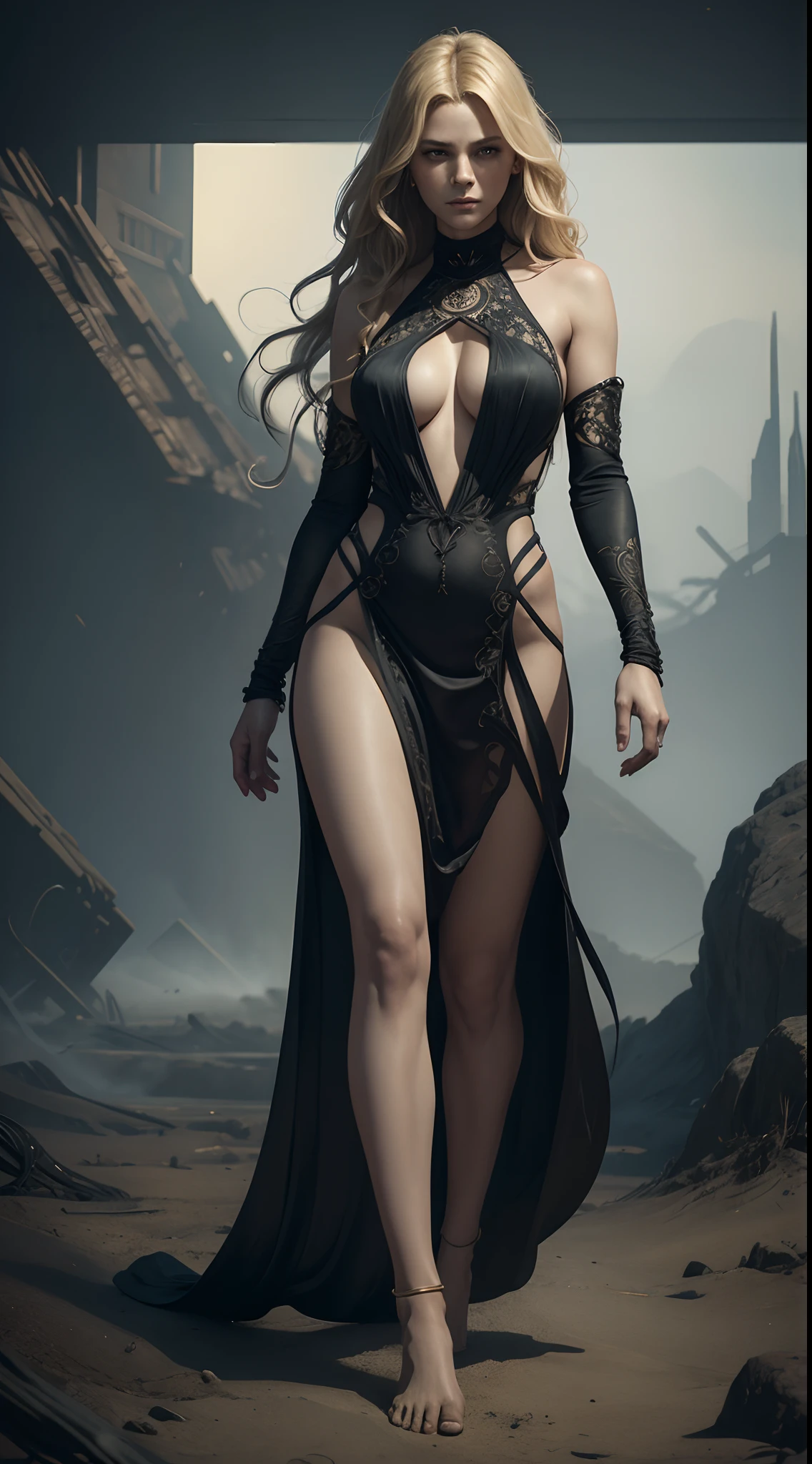 Beautiful woman, Blonde hair, Silk slip dress, (Long hair wavy like smoke):0.85 , Barefoot,Full body like,Confident expression, Detailed, 16k, sfv, masterpiece of intricate artwork, Ominous, matte painting film poster, Golden ratio, trending on CGSociety, Intricate, Epic, trending on artstationh, By Artgerm, h. r. Giger and Beksinski, Highly detailed, vibrant, production cinematic character render, ultra high quality model:1