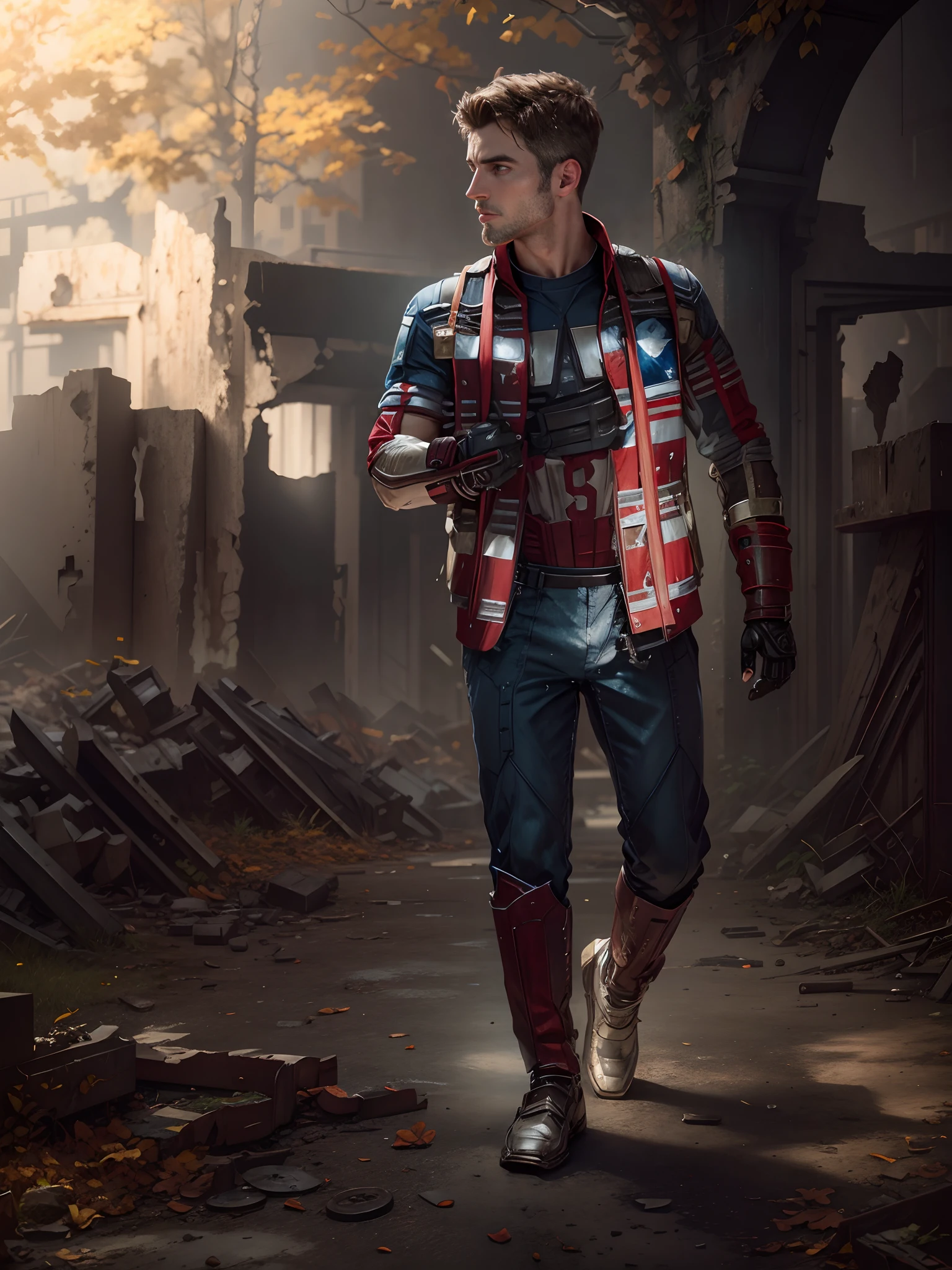 male version of Captain America background mechanical ruins realistic face