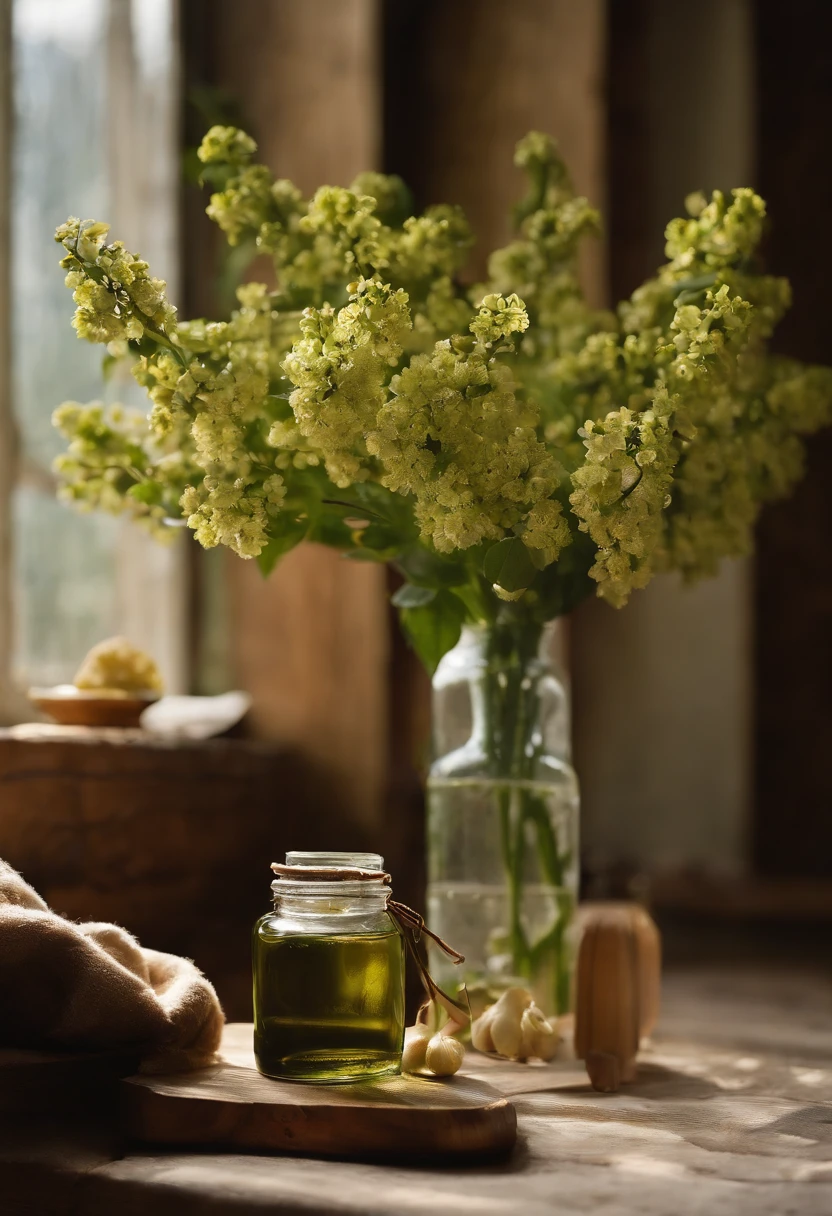 A bottle of McCarran is placed on a wooden pallet，Next to them are two glasses filled with liquid, Green plums on the table，White plum blossoms,Sunlight,grove,Chinese wooden windows，professional food photography, Cao Zhibai, artsy photography, still-life