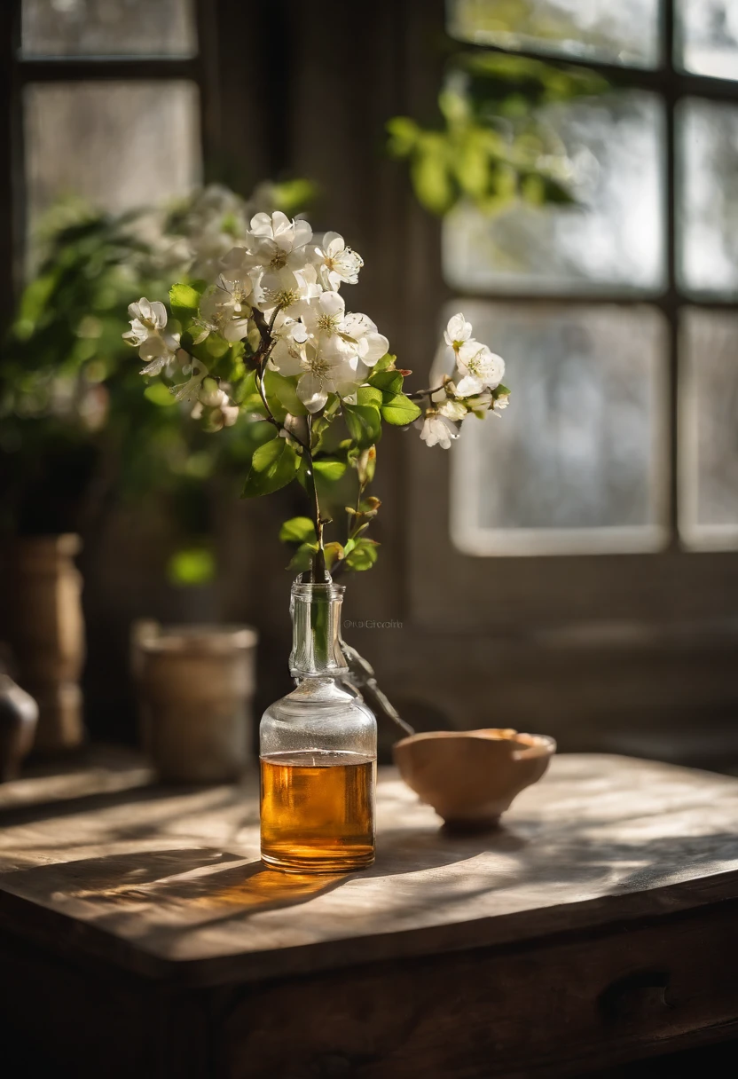 A bottle of McCarran is placed on a wooden pallet,Next to them are two glasses filled with liquid, Green plums on the table,White plum blossoms,Sunlight,grove,Chinese wooden windows,professional food photography, Cao Zhibai, artsy photography, still-life